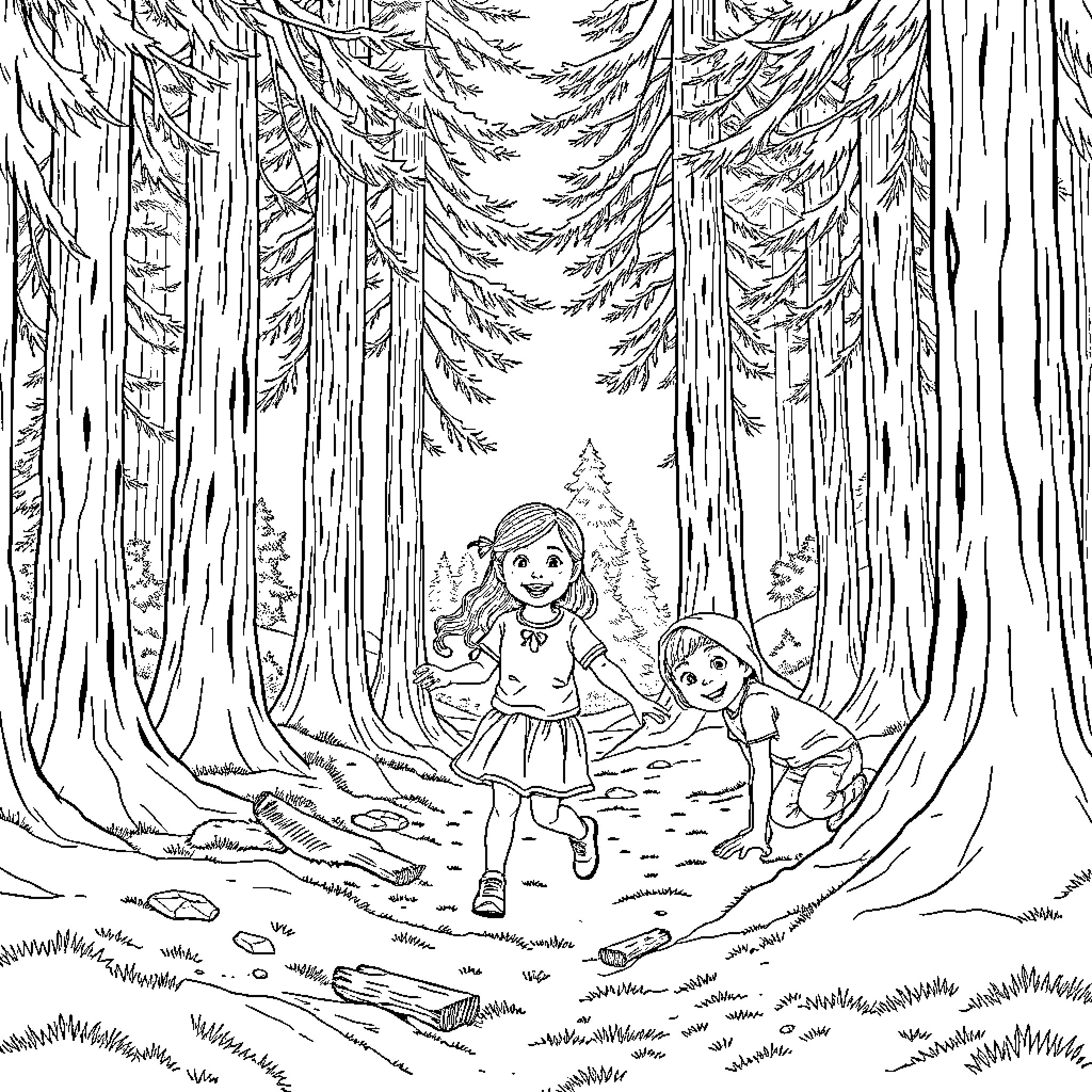 Child friends exploring enchanting forest Coloring Page (free black-and-white line drawing printable PDF for all, from beginners to advanced learners, including children, teens, adults, and seniors)