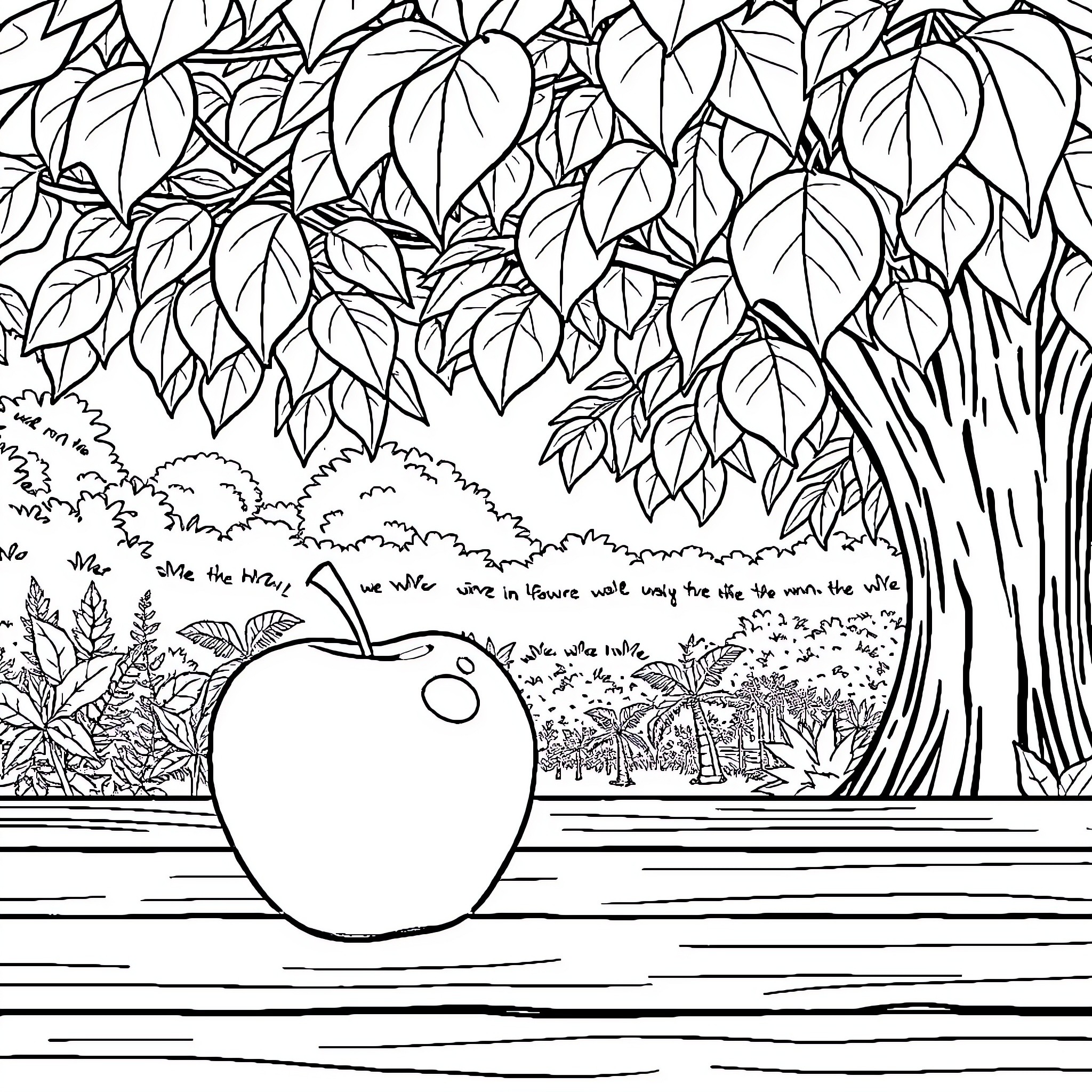 Apple Orchard with Lush Foliage and Fruit Coloring Page (free black-and-white line drawing printable PDF for all, from beginners to advanced learners, including children, teens, adults, and seniors)