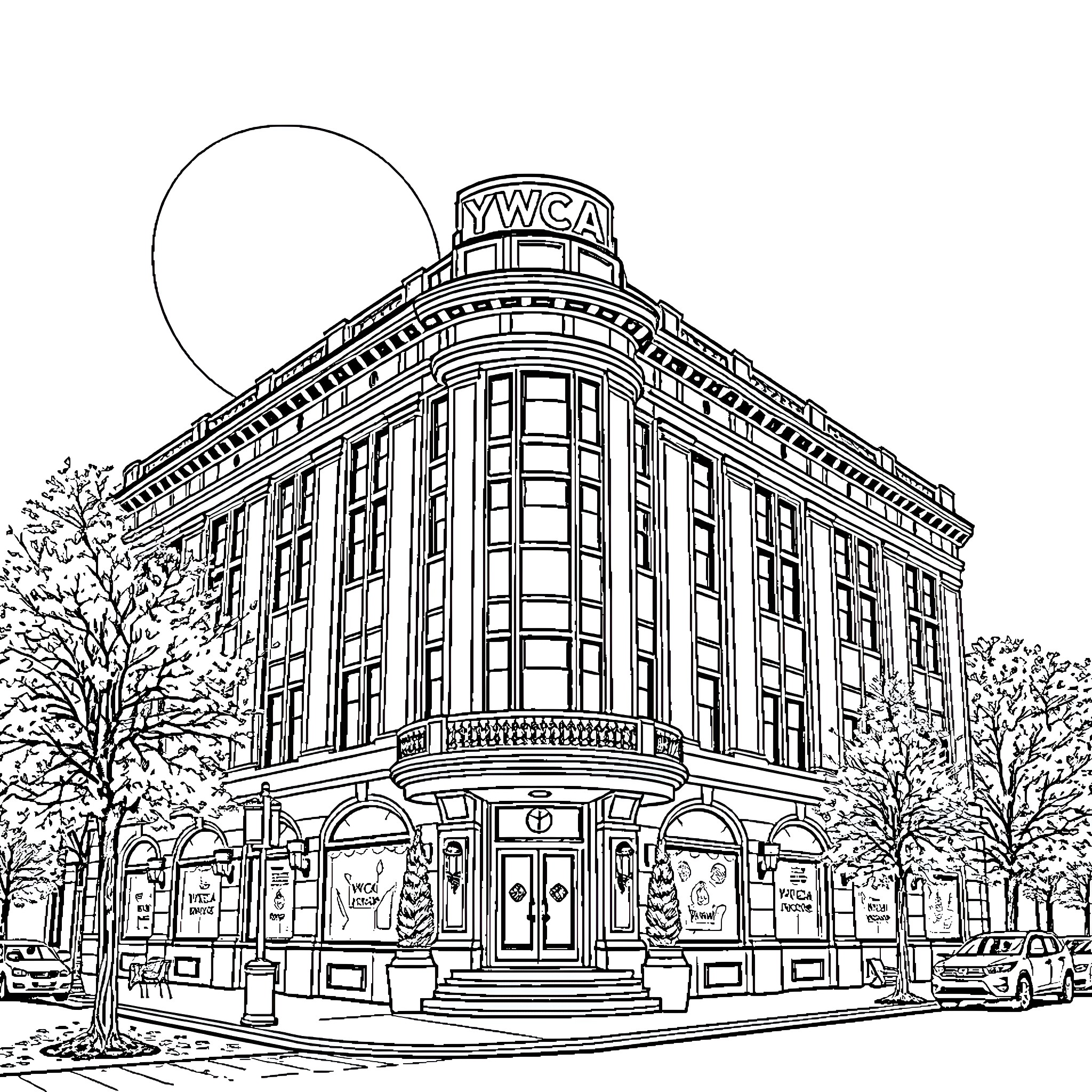 YWCA Building with Ornate Architecture and Street Scene Coloring Page (free black-and-white line drawing printable PDF for all, from beginners to advanced learners, including children, teens, adults, and seniors)