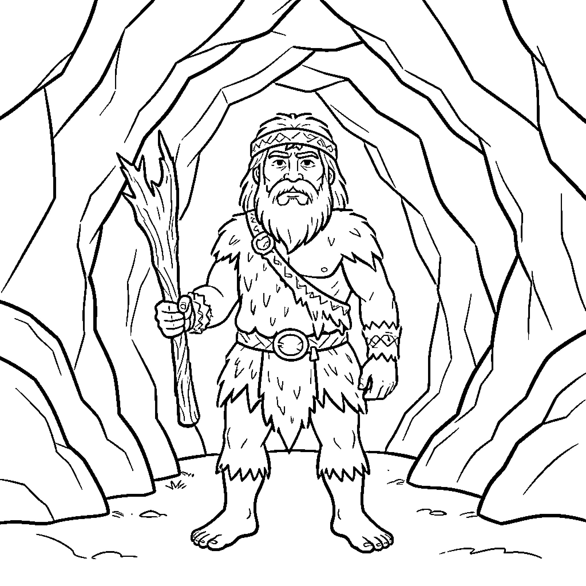 Caveman wielding a spear in a rocky cave Coloring Page (free black-and-white line drawing printable PDF for all, from beginners to advanced learners, including children, teens, adults, and seniors)