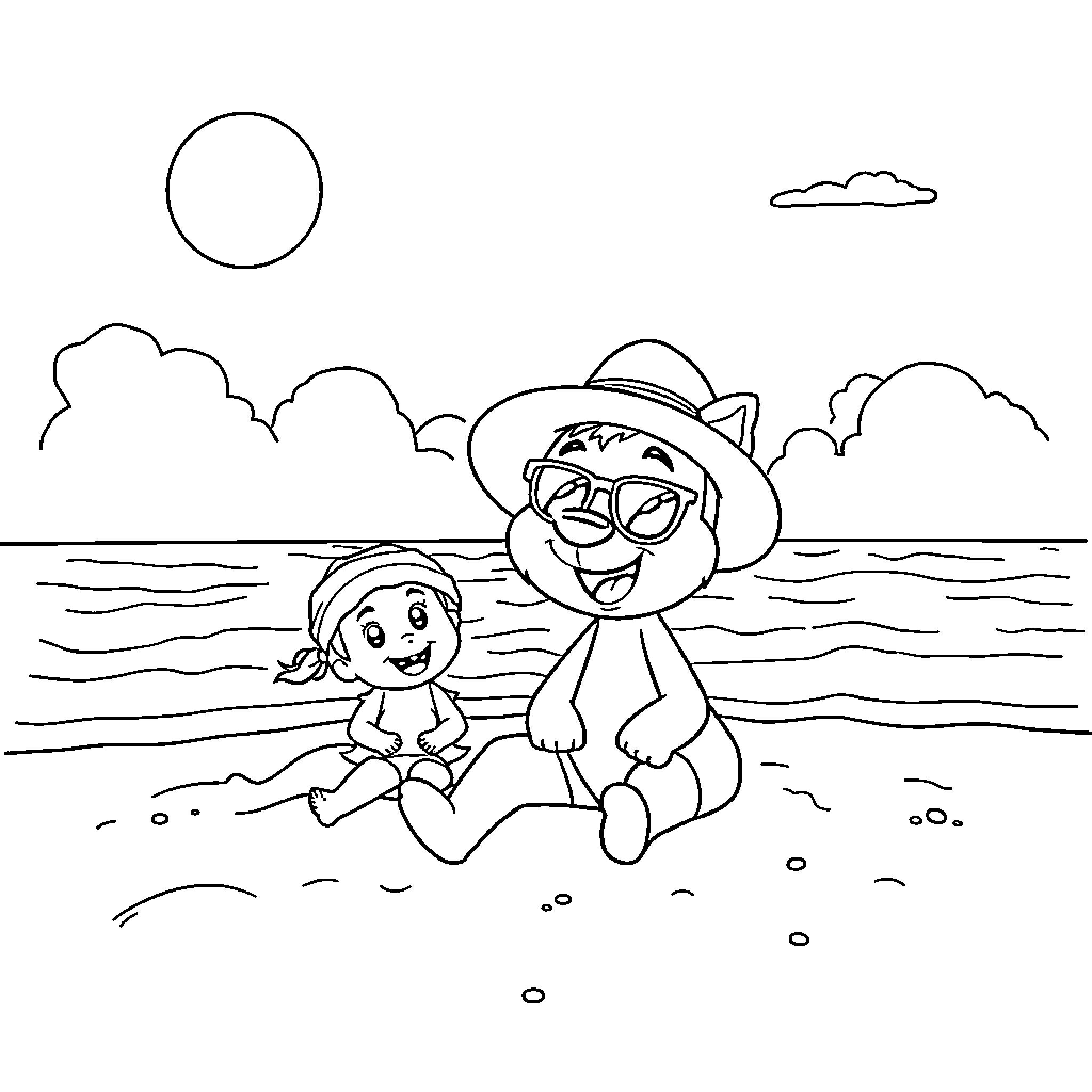 Bluey and friend enjoying a day at the beach Coloring Page (free black-and-white line drawing printable PDF for all, from beginners to advanced learners, including children, teens, adults, and seniors)