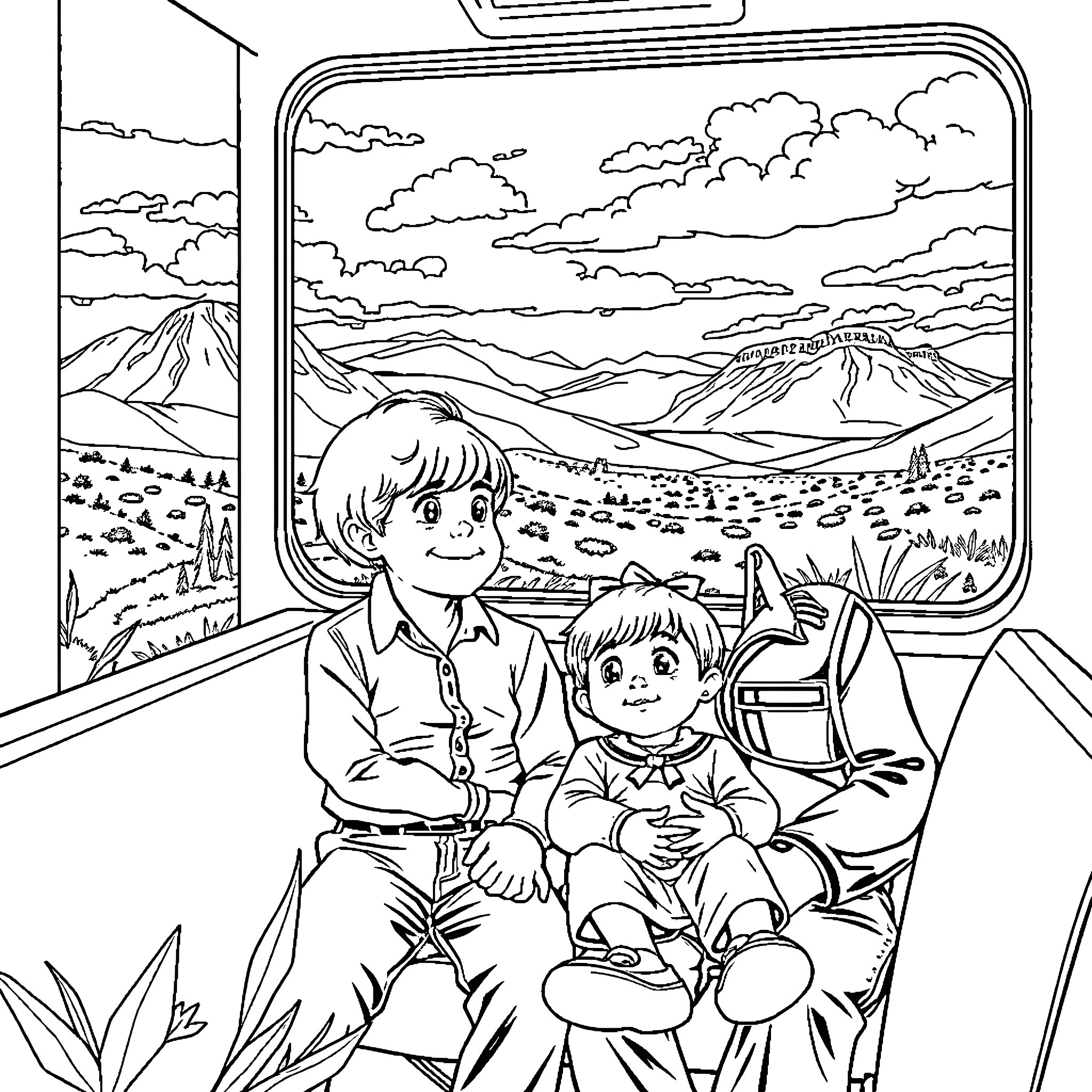 Child explores wilderness with family member on train Coloring Page (free black-and-white line drawing printable PDF for all, from beginners to advanced learners, including children, teens, adults, and seniors)