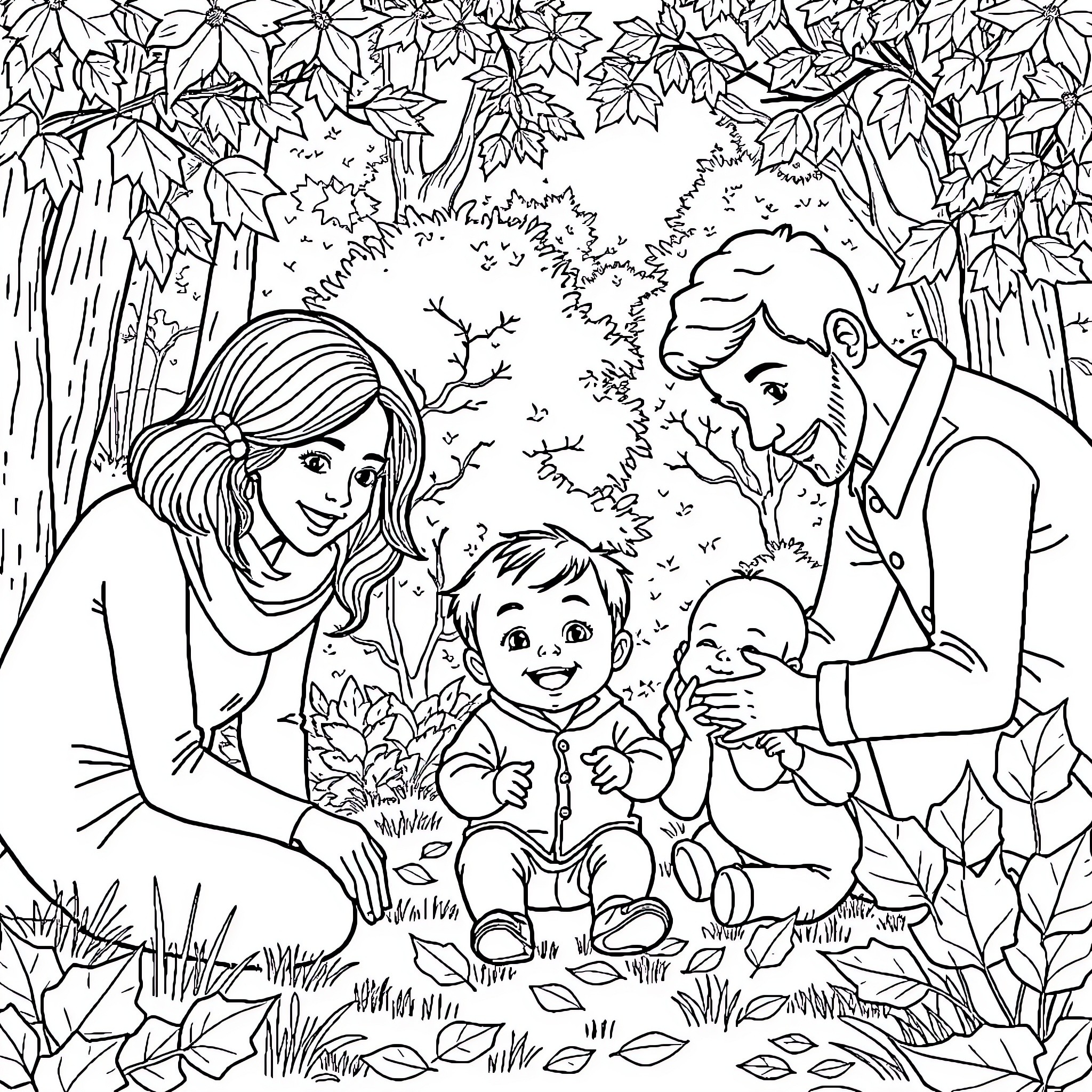 Child and family exploring nature together Coloring Page (free black-and-white line drawing printable PDF for all, from beginners to advanced learners, including children, teens, adults, and seniors)