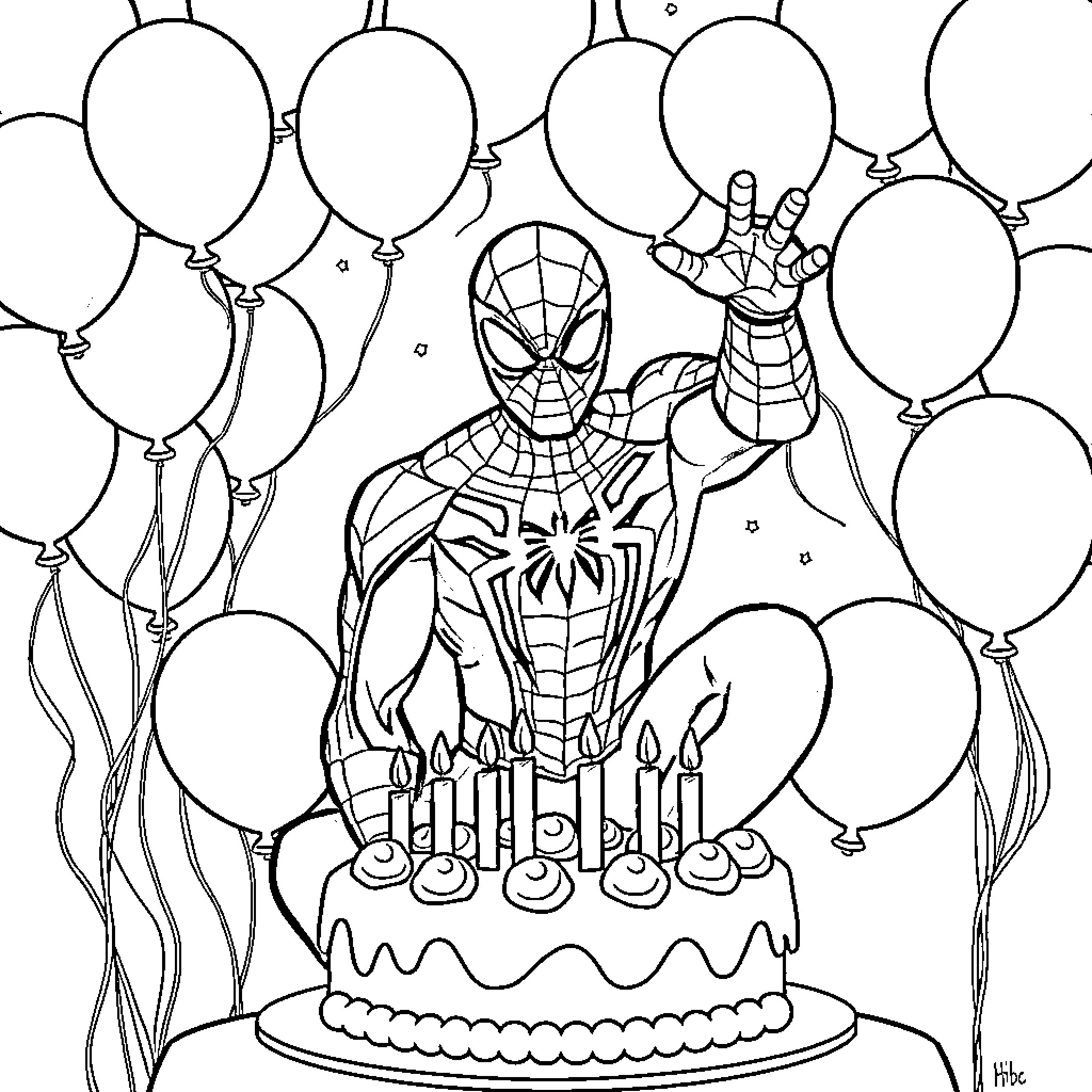 Spiderman celebrating with balloons and birthday cake Coloring Page (free black-and-white line drawing printable PDF for all, from beginners to advanced learners, including children, teens, adults, and seniors)