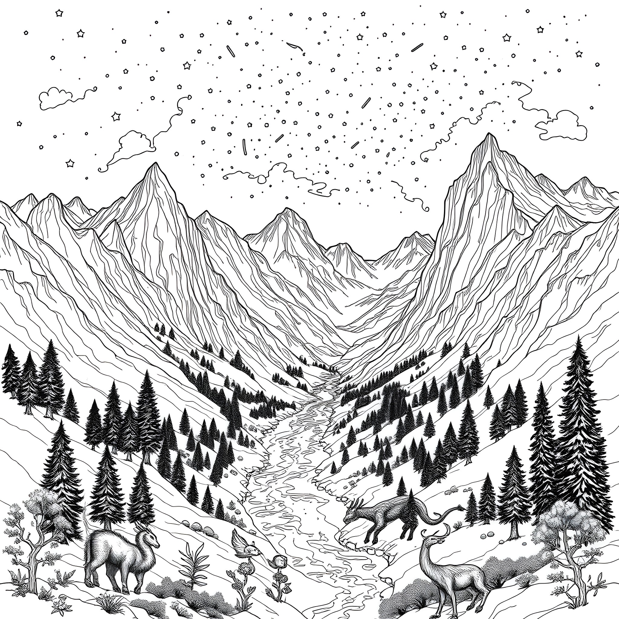 Btcc Winter Wonderland in the Mountains Coloring Page (free black-and-white line drawing printable PDF for all, from beginners to advanced learners, including children, teens, adults, and seniors)