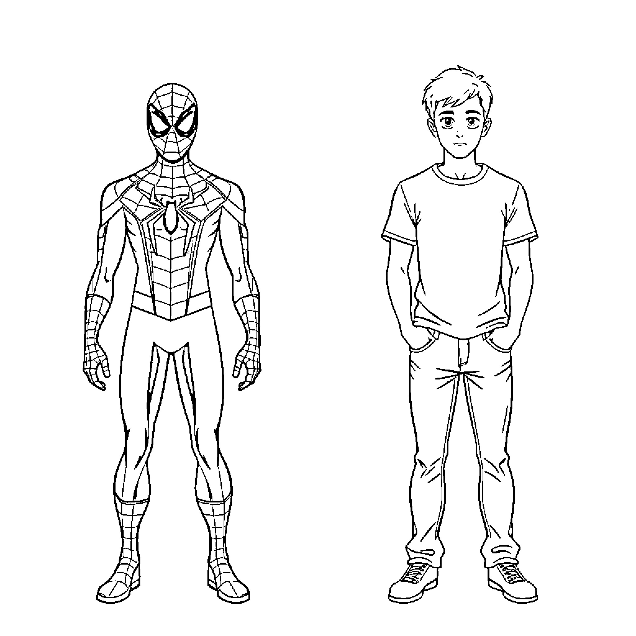 Spider-Man preparing for action and a casual teen Coloring Page (free black-and-white line drawing printable PDF for all, from beginners to advanced learners, including children, teens, adults, and seniors)