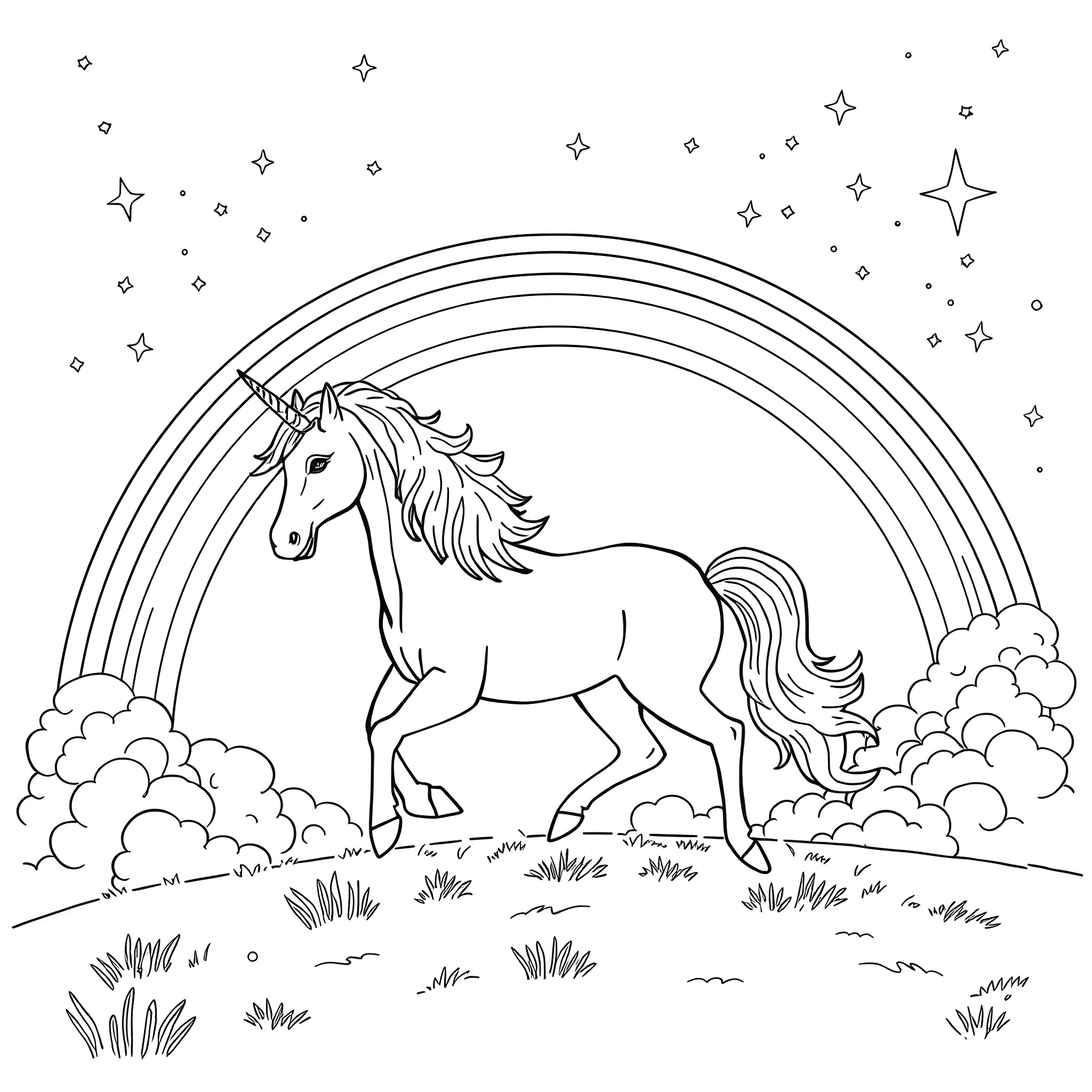 Unicorn running through a starry sky with a rainbow Coloring Page (free black-and-white line drawing printable PDF for all, from beginners to advanced learners, including children, teens, adults, and seniors)