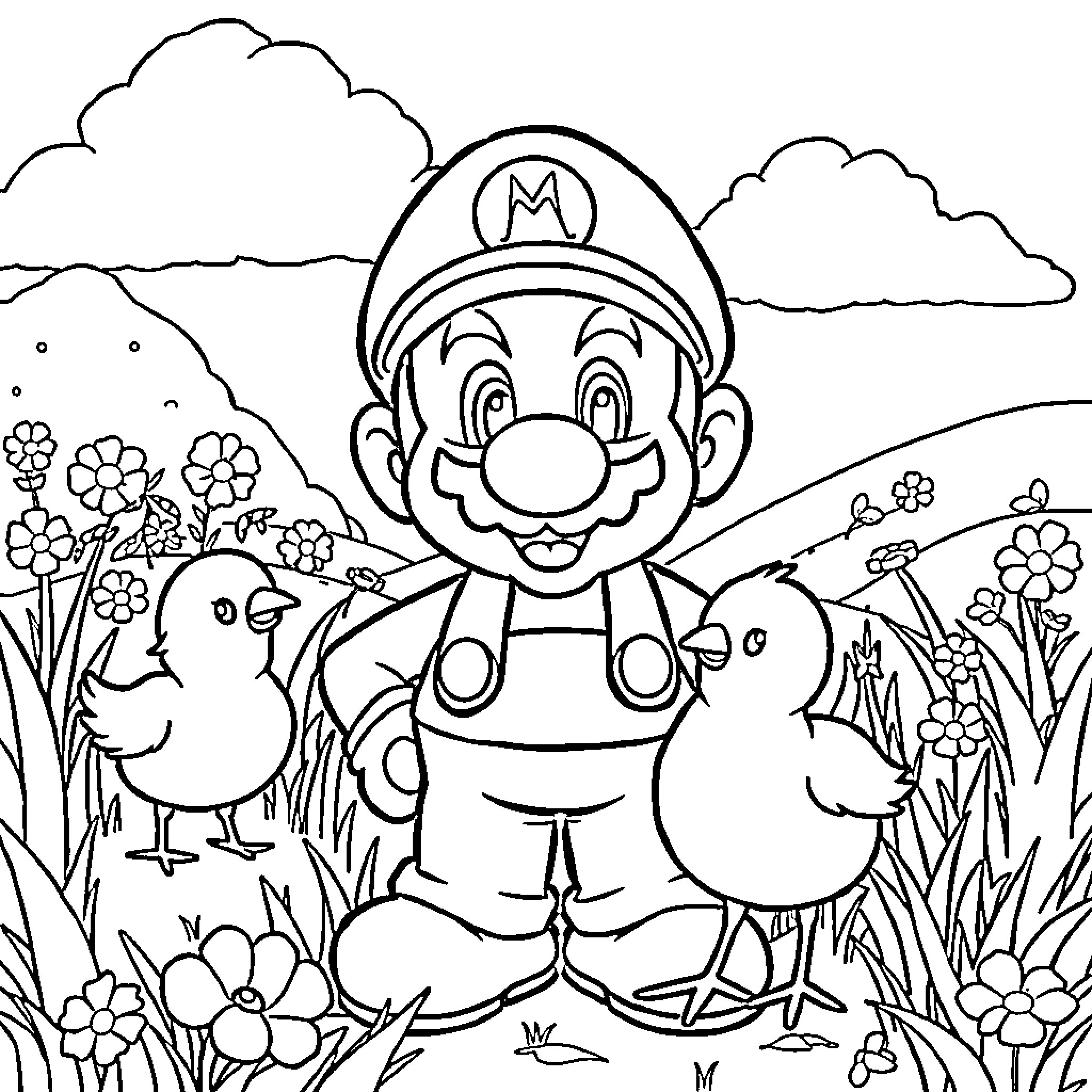 Super Mario Exploring the Flower Garden Coloring Page (free black-and-white line drawing printable PDF for all, from beginners to advanced learners, including children, teens, adults, and seniors)
