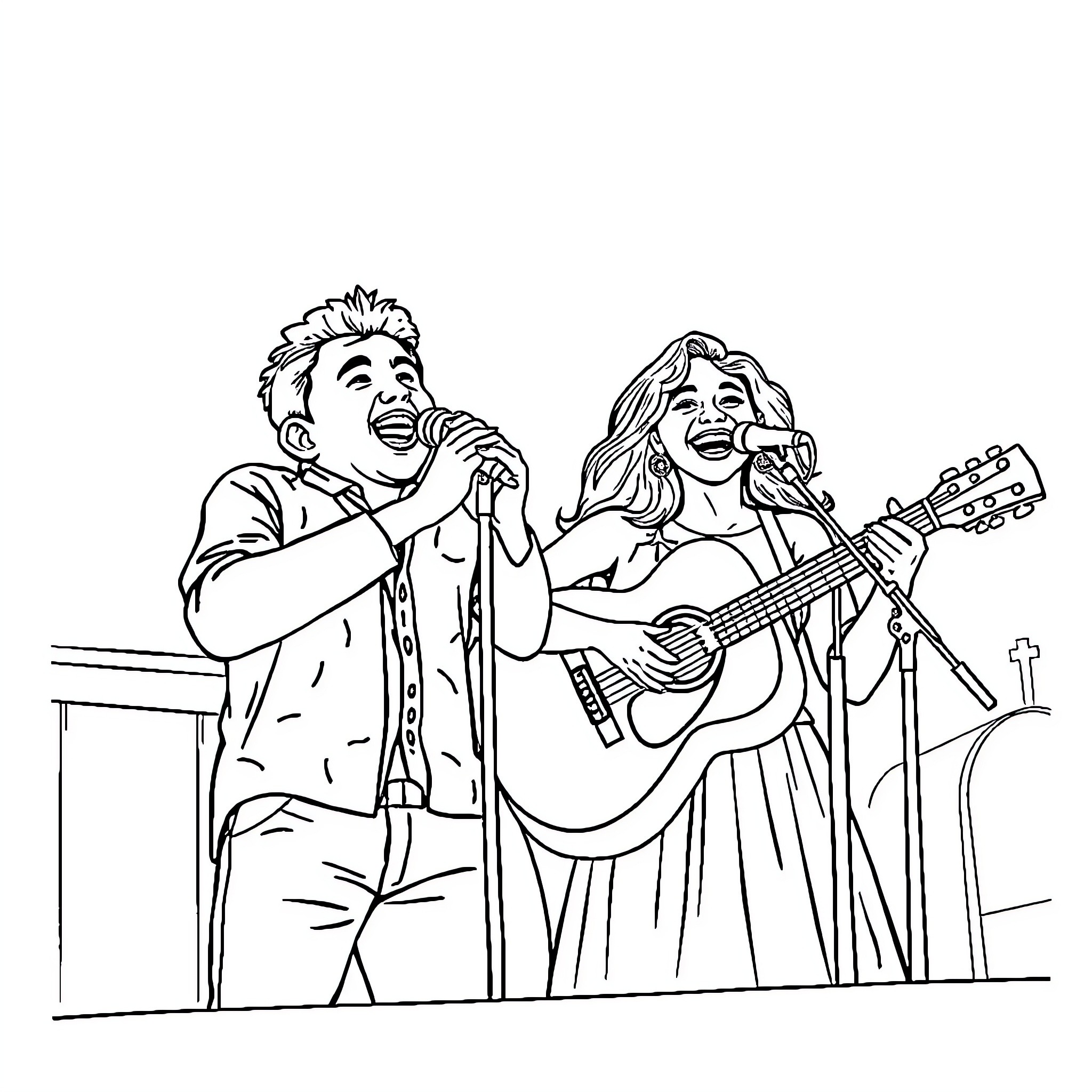 Quevedo performing on stage with a vocalist Coloring Page (free black-and-white line drawing printable PDF for all, from beginners to advanced learners, including children, teens, adults, and seniors)