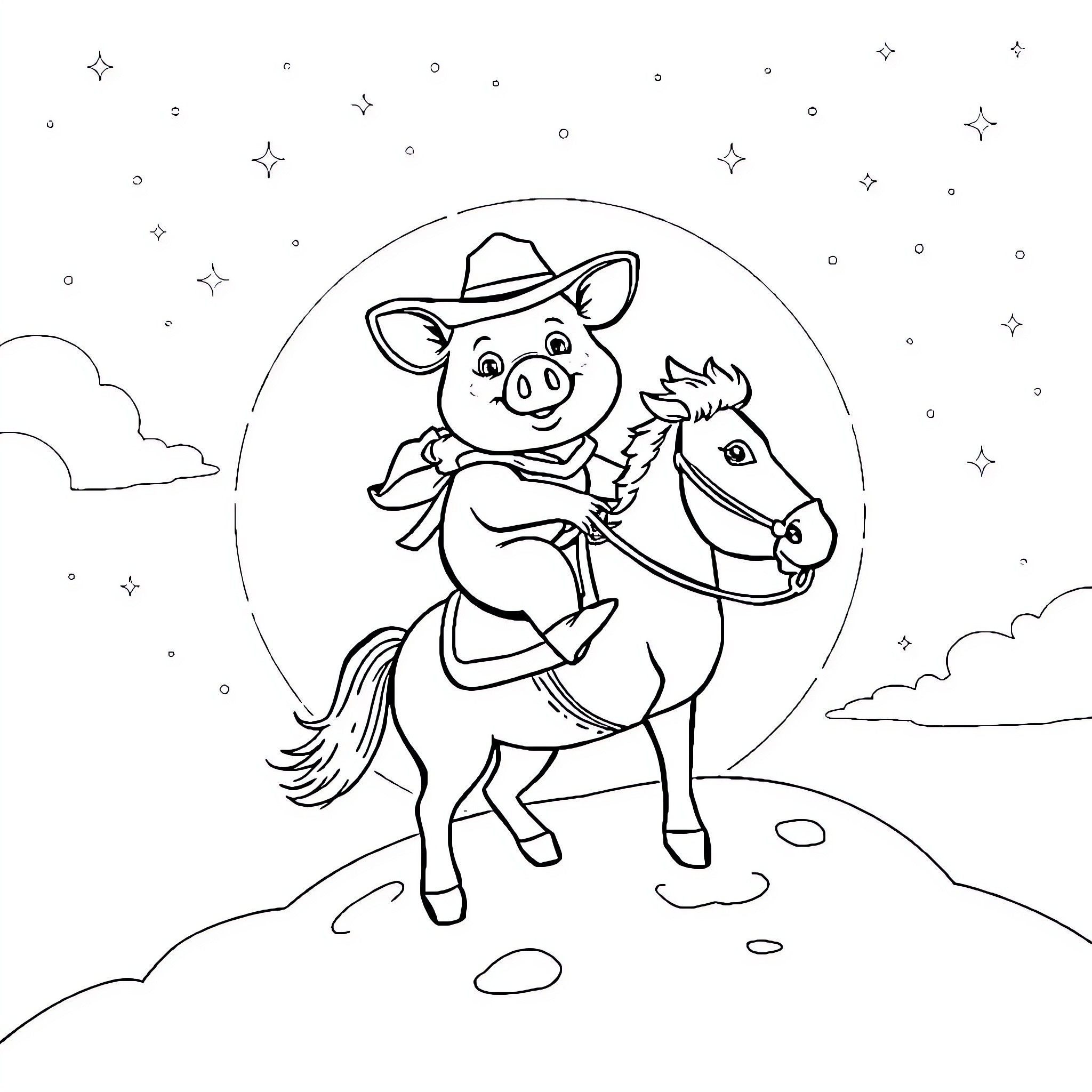 Pig cowboy riding a horse under the starry night sky Coloring Page (free black-and-white line drawing printable PDF for all, from beginners to advanced learners, including children, teens, adults, and seniors)