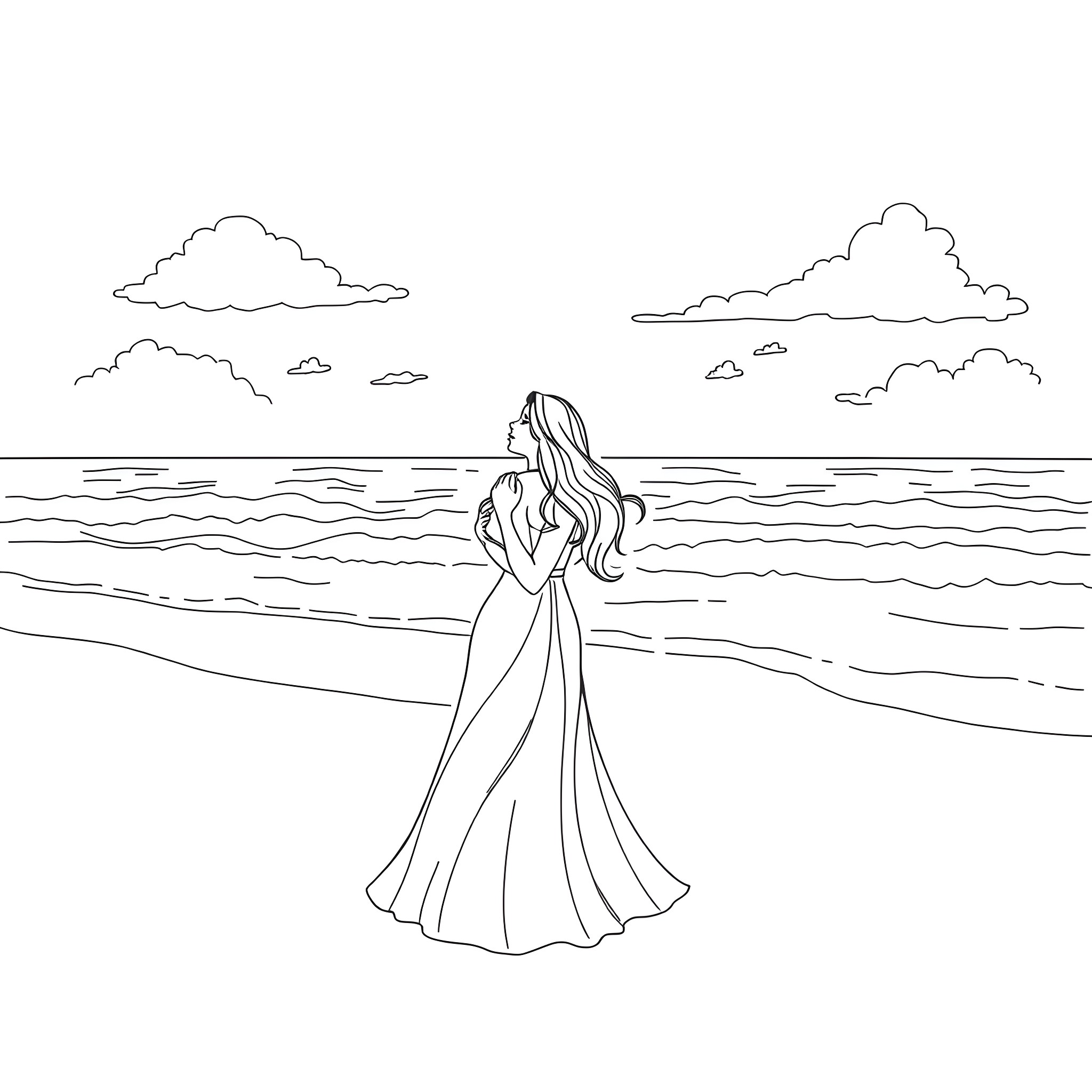 Couple enjoying peaceful beach sunset Coloring Page (free black-and-white line drawing printable PDF for all, from beginners to advanced learners, including children, teens, adults, and seniors)