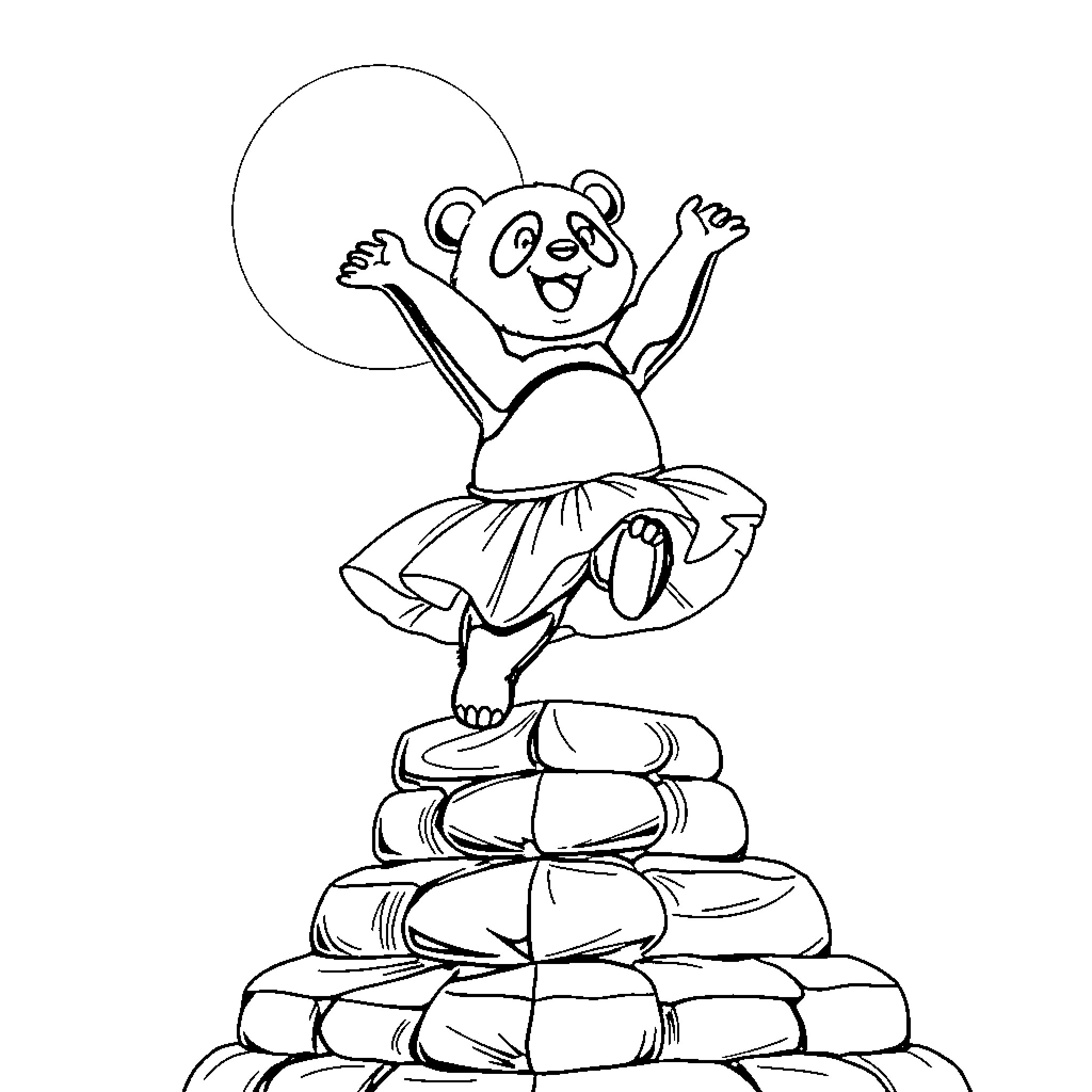 Panda dancing joyfully on books Coloring Page (free black-and-white line drawing printable PDF for all, from beginners to advanced learners, including children, teens, adults, and seniors)