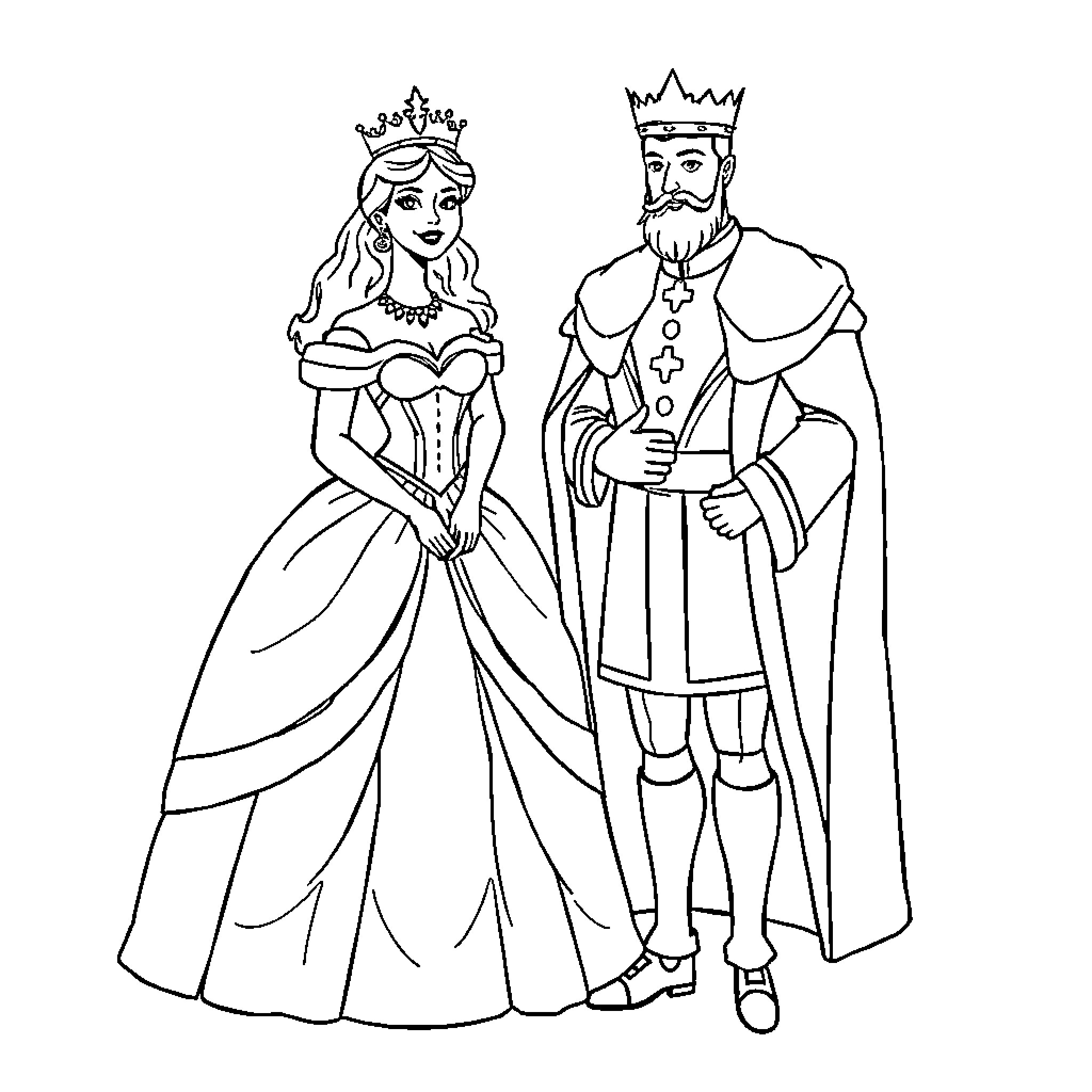 Queen and King in Regal Attire Coloring Page (free black-and-white line drawing printable PDF for all, from beginners to advanced learners, including children, teens, adults, and seniors)