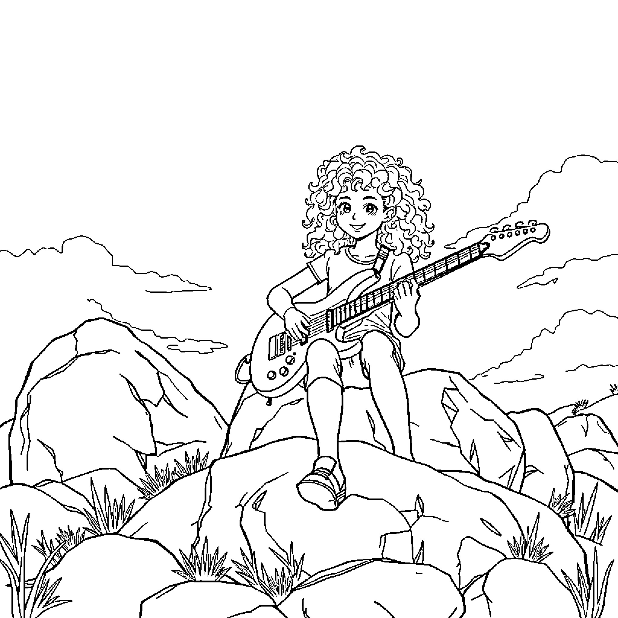 Girl Playing Guitar in the Mountain Landscape Coloring Page (free black-and-white line drawing printable PDF for all, from beginners to advanced learners, including children, teens, adults, and seniors)