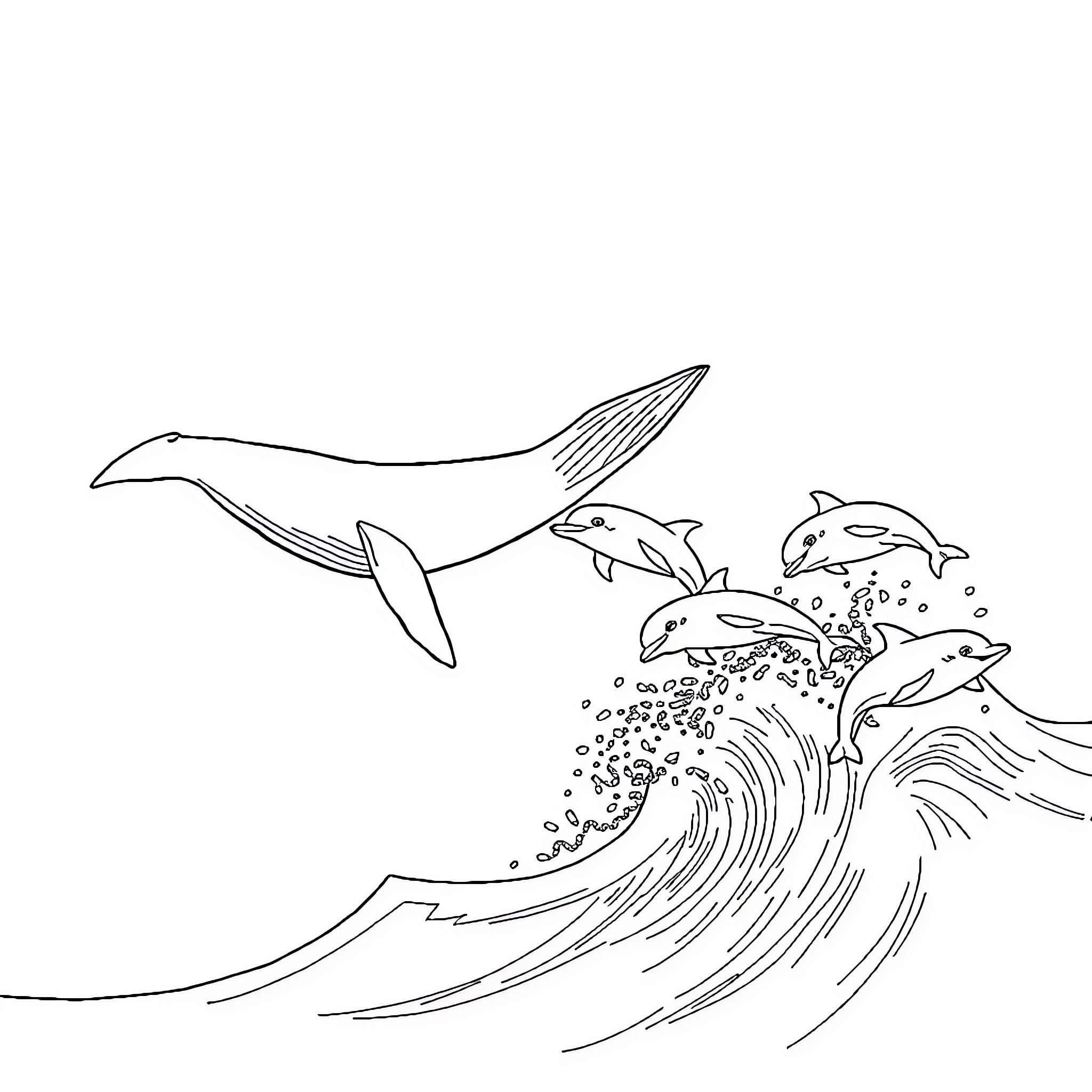 Whale diving playfully with dolphins in the ocean Coloring Page (free black-and-white line drawing printable PDF for all, from beginners to advanced learners, including children, teens, adults, and seniors)
