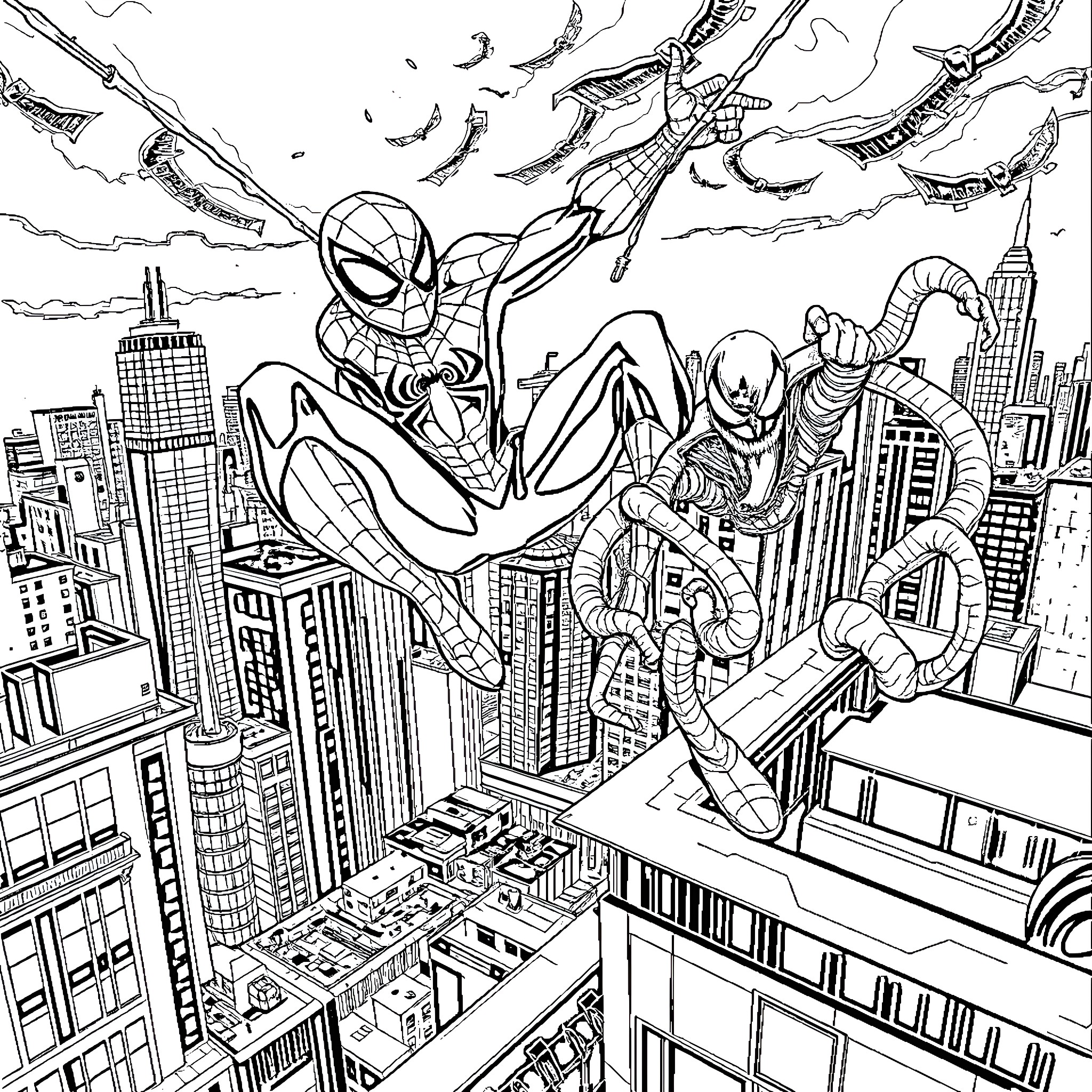 Spiderman and Villains Battling Across the City Skyline Coloring Page (free black-and-white line drawing printable PDF for all, from beginners to advanced learners, including children, teens, adults, and seniors)