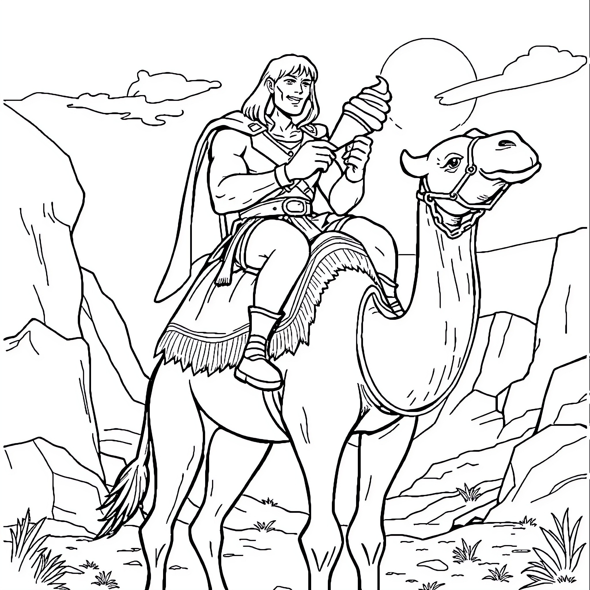 He-Man riding a mighty steed in the desert Coloring Page (free black-and-white line drawing printable PDF for all, from beginners to advanced learners, including children, teens, adults, and seniors)