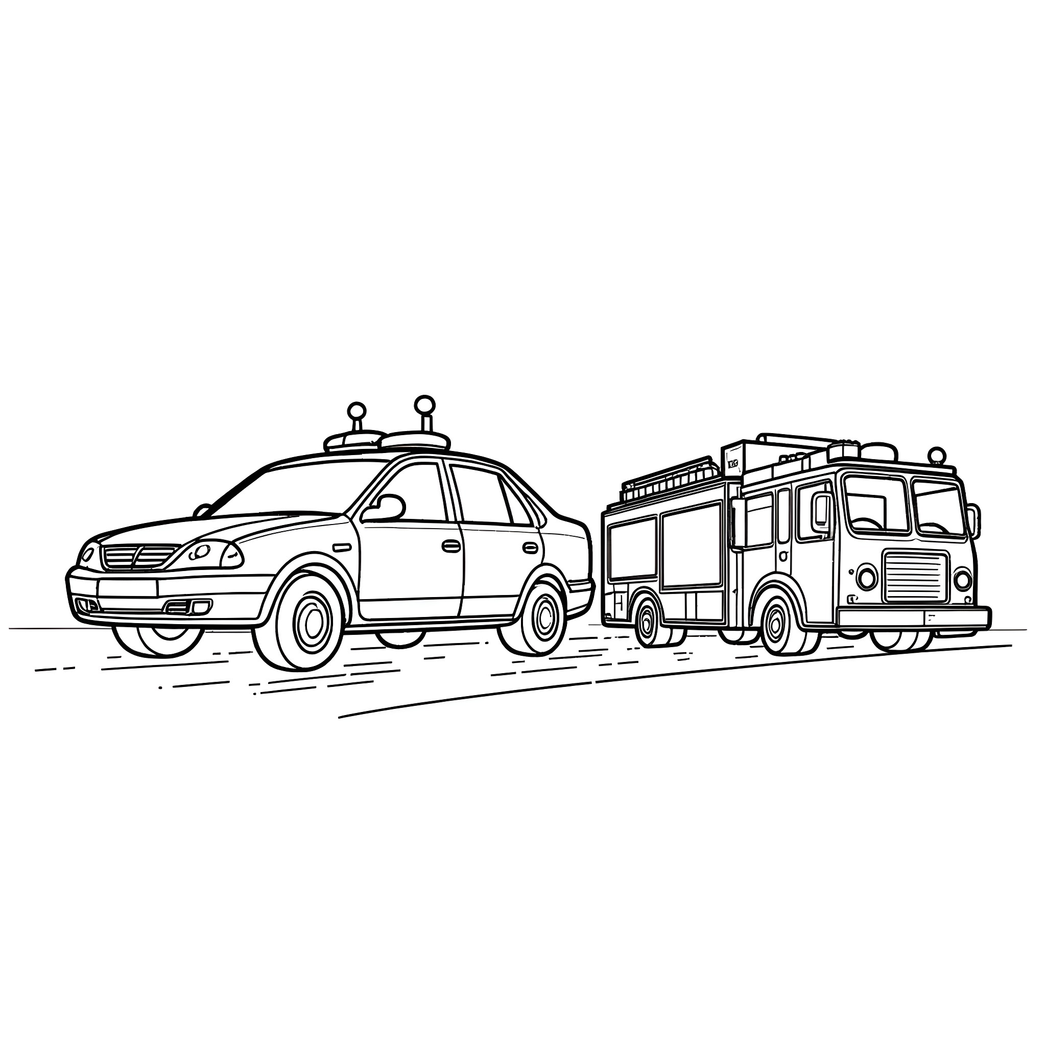 Emergency Vehicle Responding with Flashing Lights Coloring Page (free black-and-white line drawing printable PDF for all, from beginners to advanced learners, including children, teens, adults, and seniors)