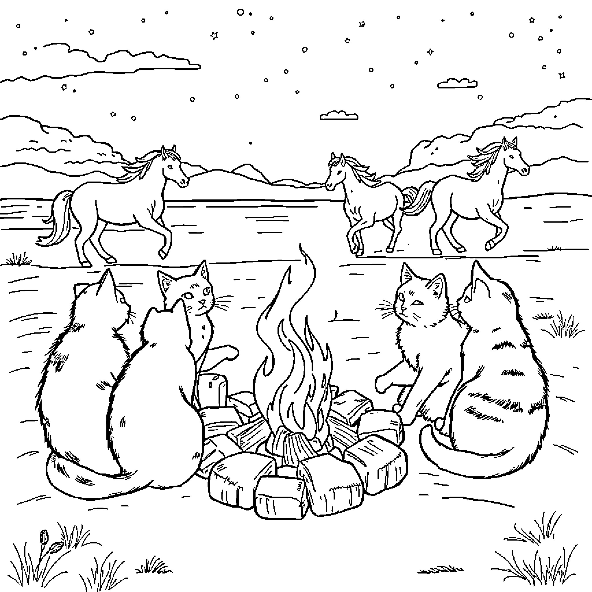 Cat and Friends Gather Around Campfire under Starry Night Coloring Page (free black-and-white line drawing printable PDF for all, from beginners to advanced learners, including children, teens, adults, and seniors)