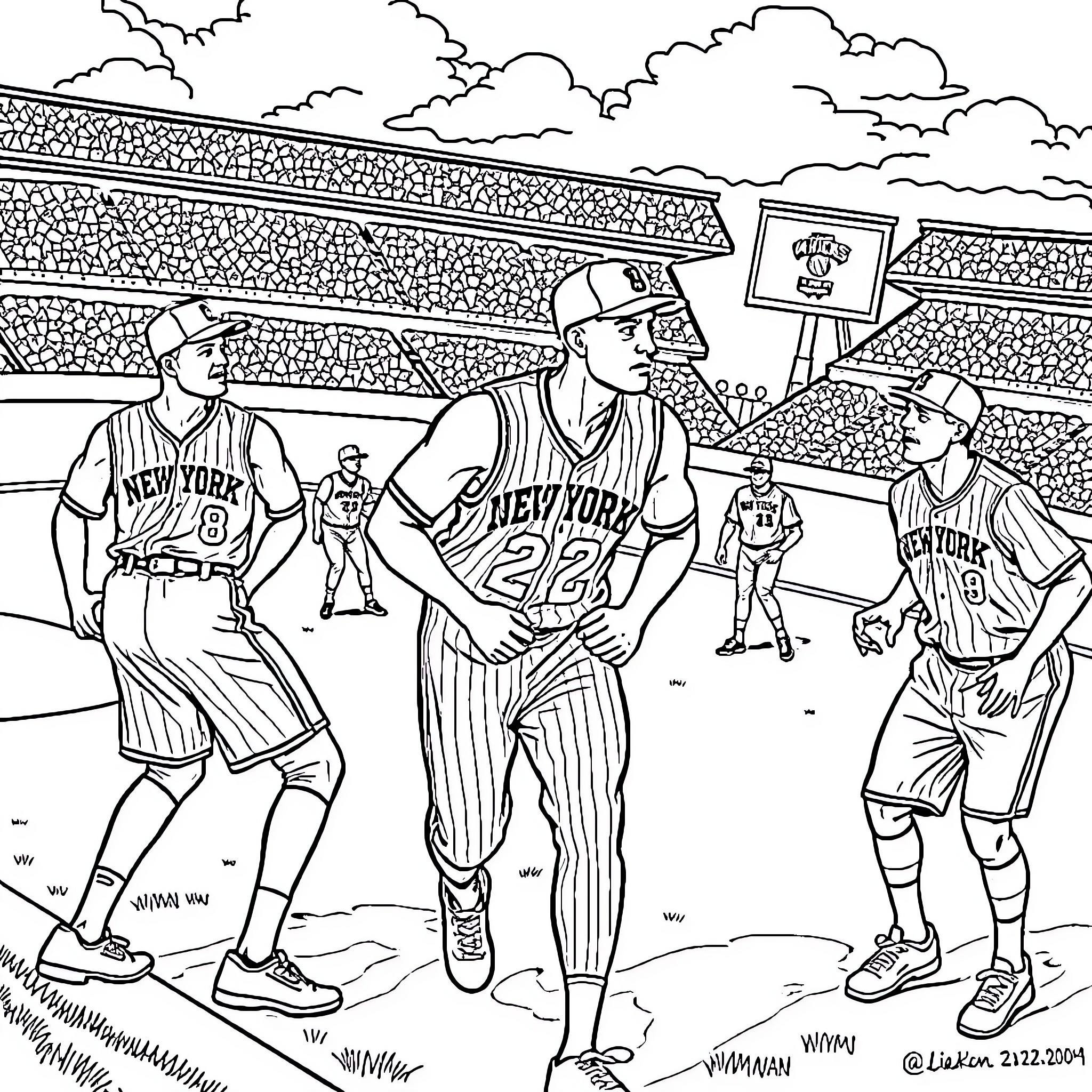 Knicks players in action on baseball field Coloring Page (free black-and-white line drawing printable PDF for all, from beginners to advanced learners, including children, teens, adults, and seniors)