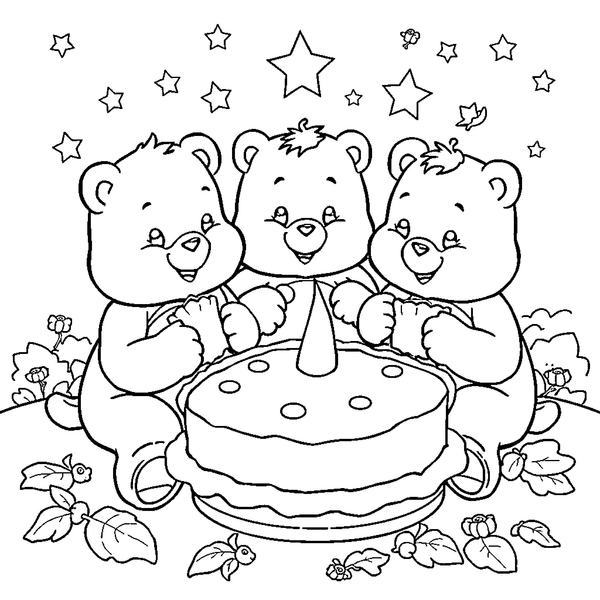 Care Bear friends celebrating with birthday cake Coloring Page (free black-and-white line drawing printable PDF for all, from beginners to advanced learners, including children, teens, adults, and seniors)