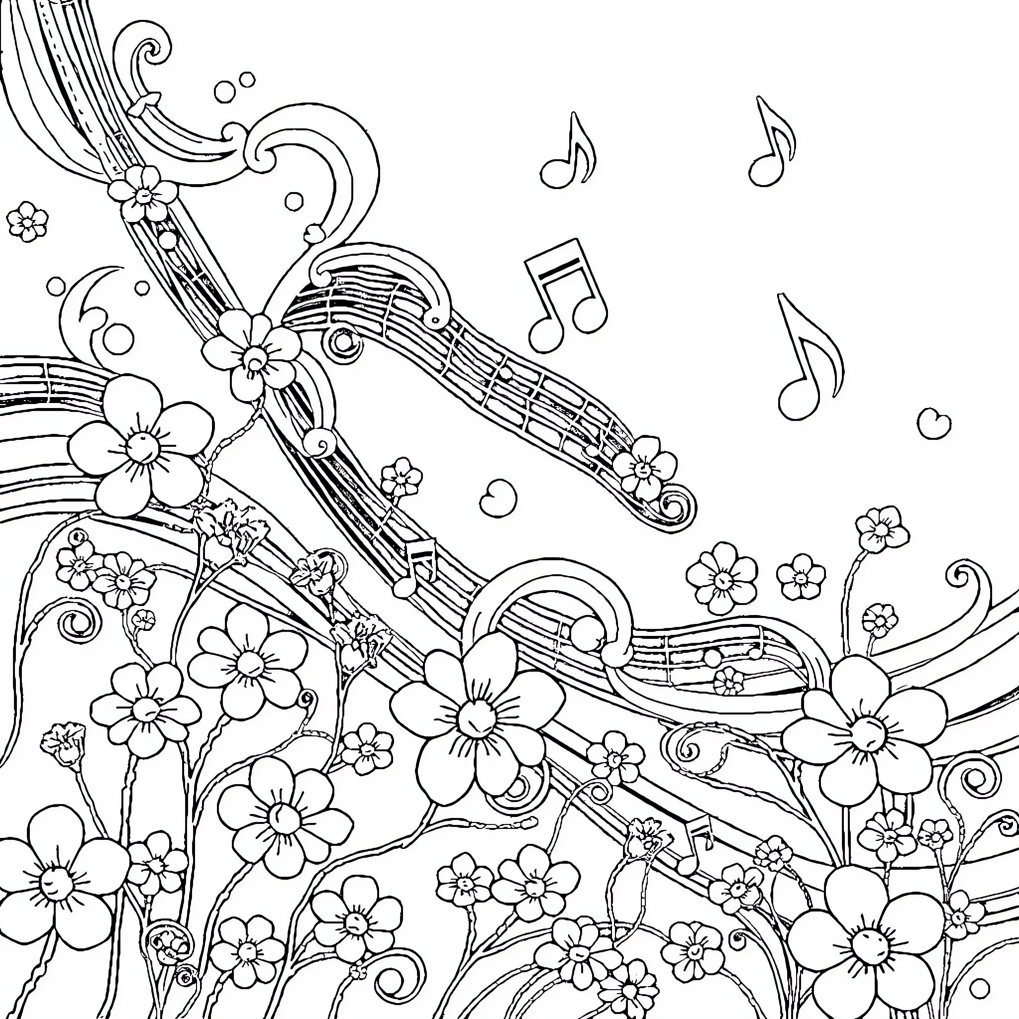 Melody of Floral Harmony Coloring Page (free black-and-white line drawing printable PDF for all, from beginners to advanced learners, including children, teens, adults, and seniors)