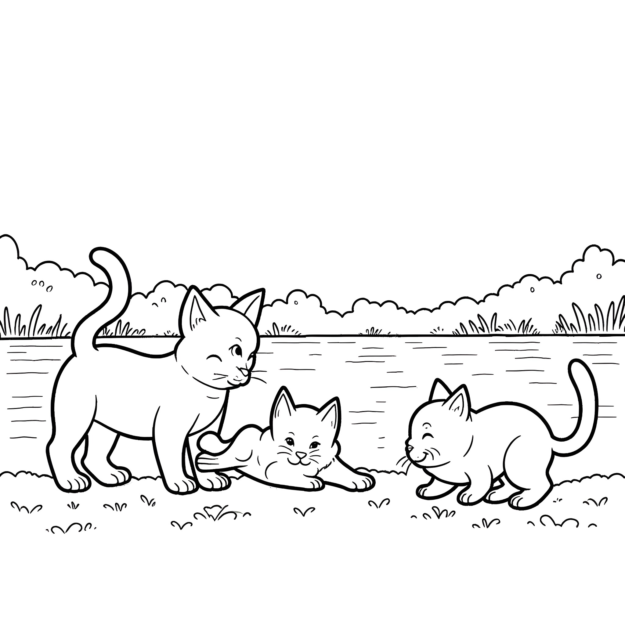 Kitty Trio Exploring the Outdoors Coloring Page (free black-and-white line drawing printable PDF for all, from beginners to advanced learners, including children, teens, adults, and seniors)