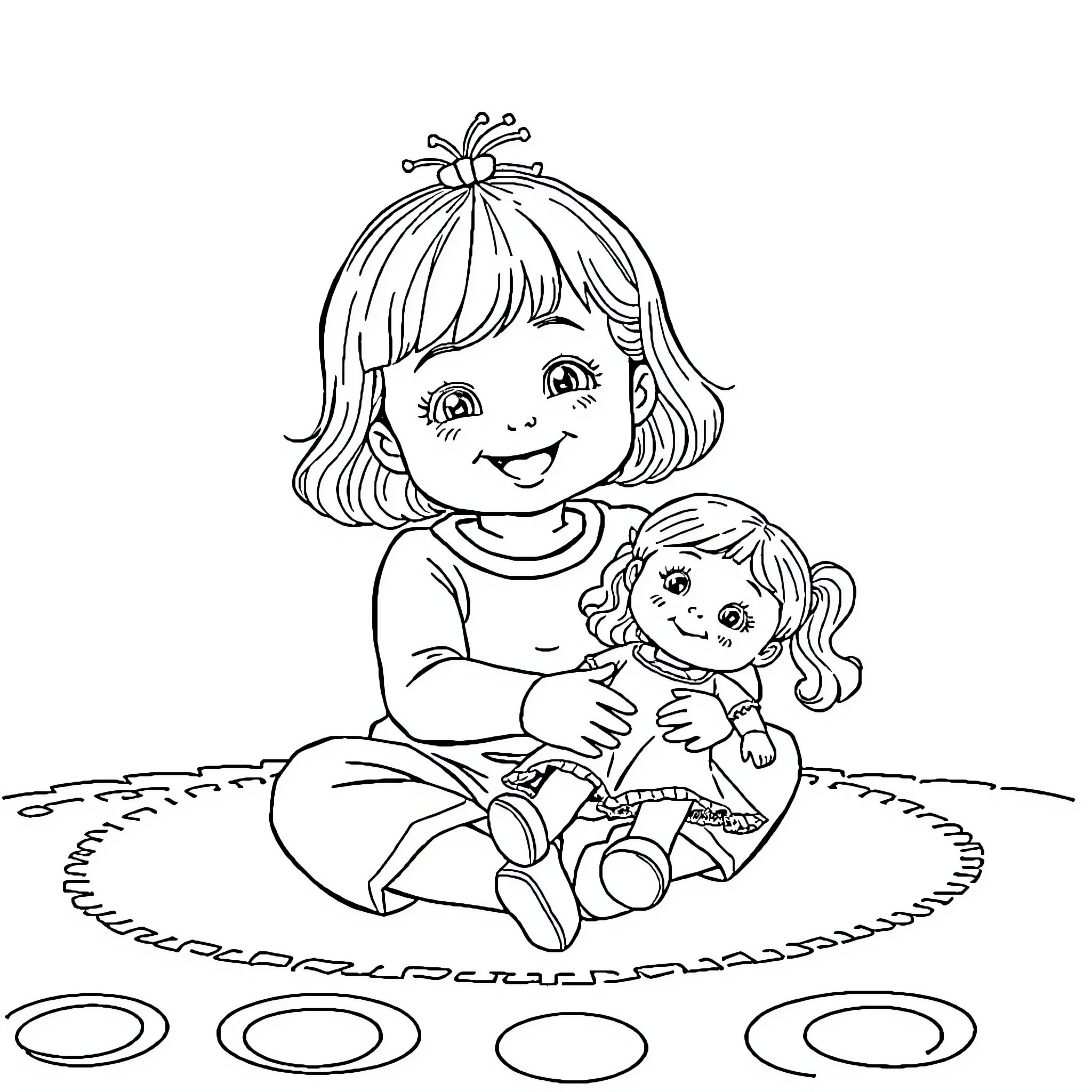 Girl hugging her doll on the rug Coloring Page (free black-and-white line drawing printable PDF for all, from beginners to advanced learners, including children, teens, adults, and seniors)