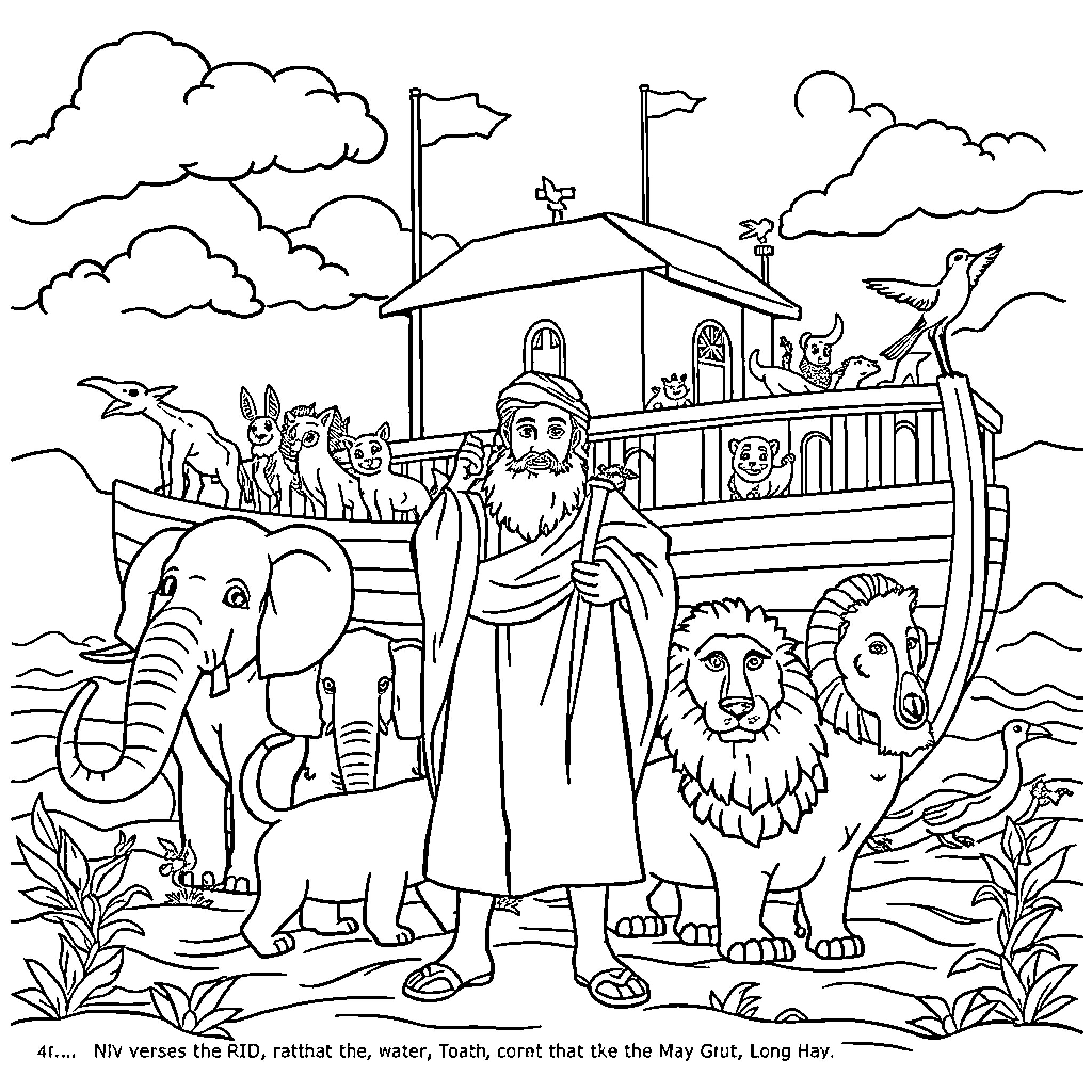 Noah's Ark: An Illustration of the Biblical Story Coloring Page (free black-and-white line drawing printable PDF for all, from beginners to advanced learners, including children, teens, adults, and seniors)