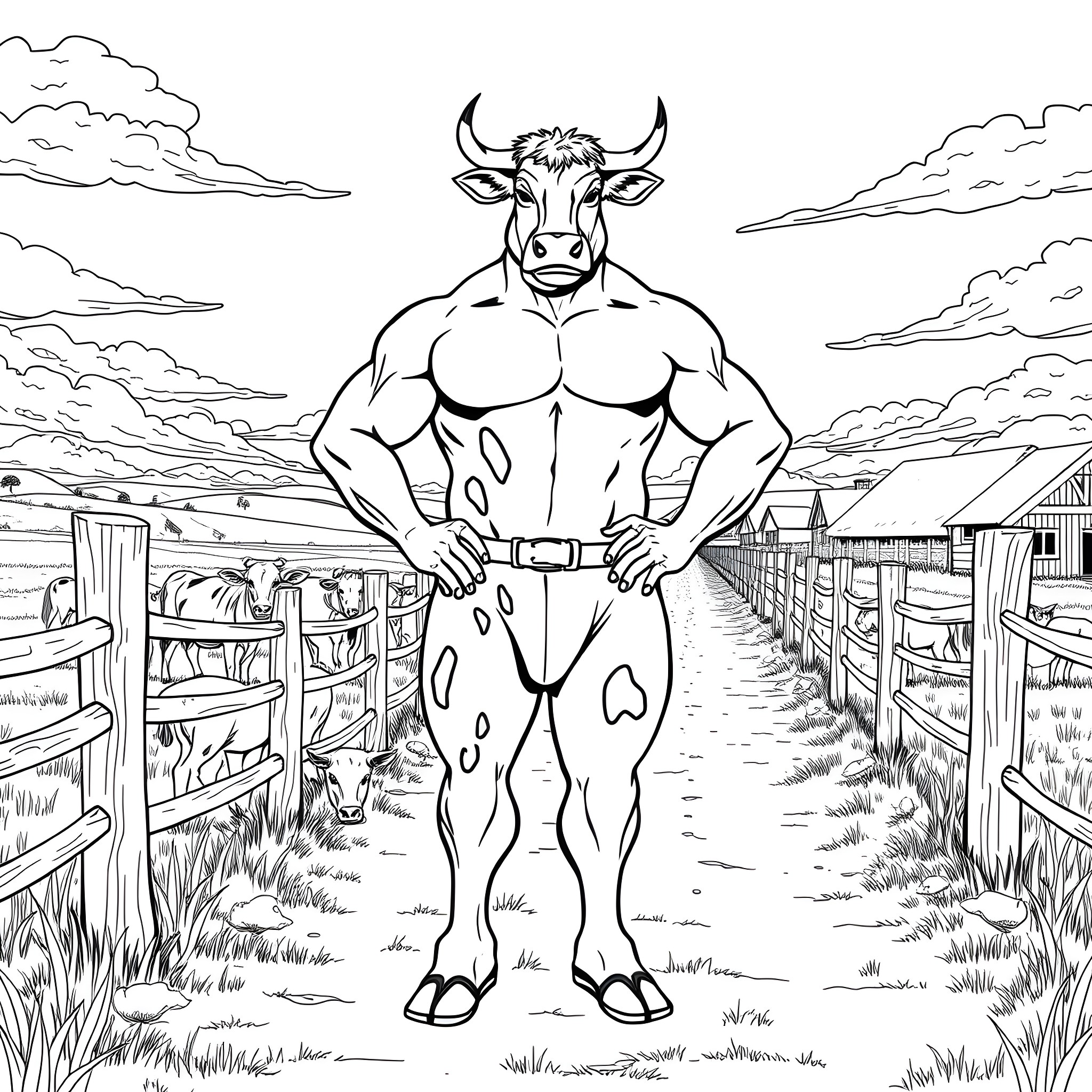 Cow Hybrid Man standing confidently in a rural landscape Coloring Page (free black-and-white line drawing printable PDF for all, from beginners to advanced learners, including children, teens, adults, and seniors)