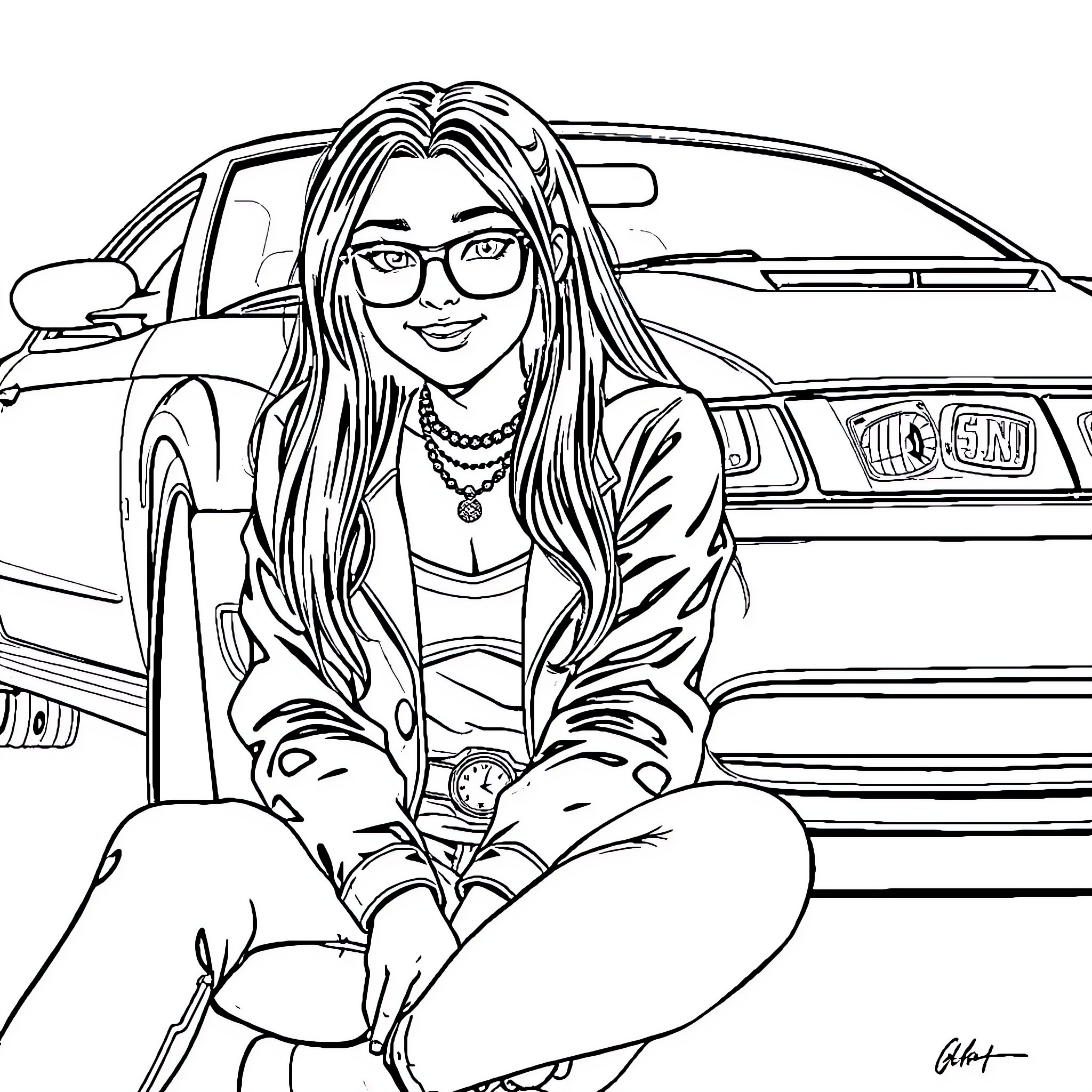Girl with Long Hair Sitting by Car Coloring Page (free black-and-white line drawing printable PDF for all, from beginners to advanced learners, including children, teens, adults, and seniors)