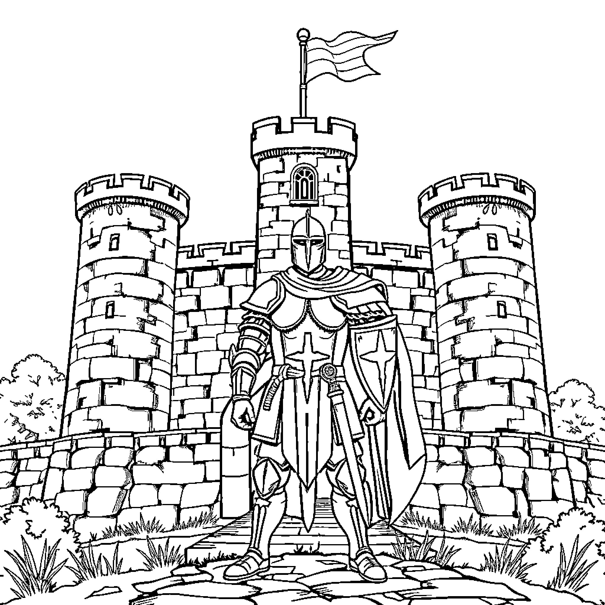 Knight Standing Guard at the Fortified Castle Coloring Page (free black-and-white line drawing printable PDF for all, from beginners to advanced learners, including children, teens, adults, and seniors)
