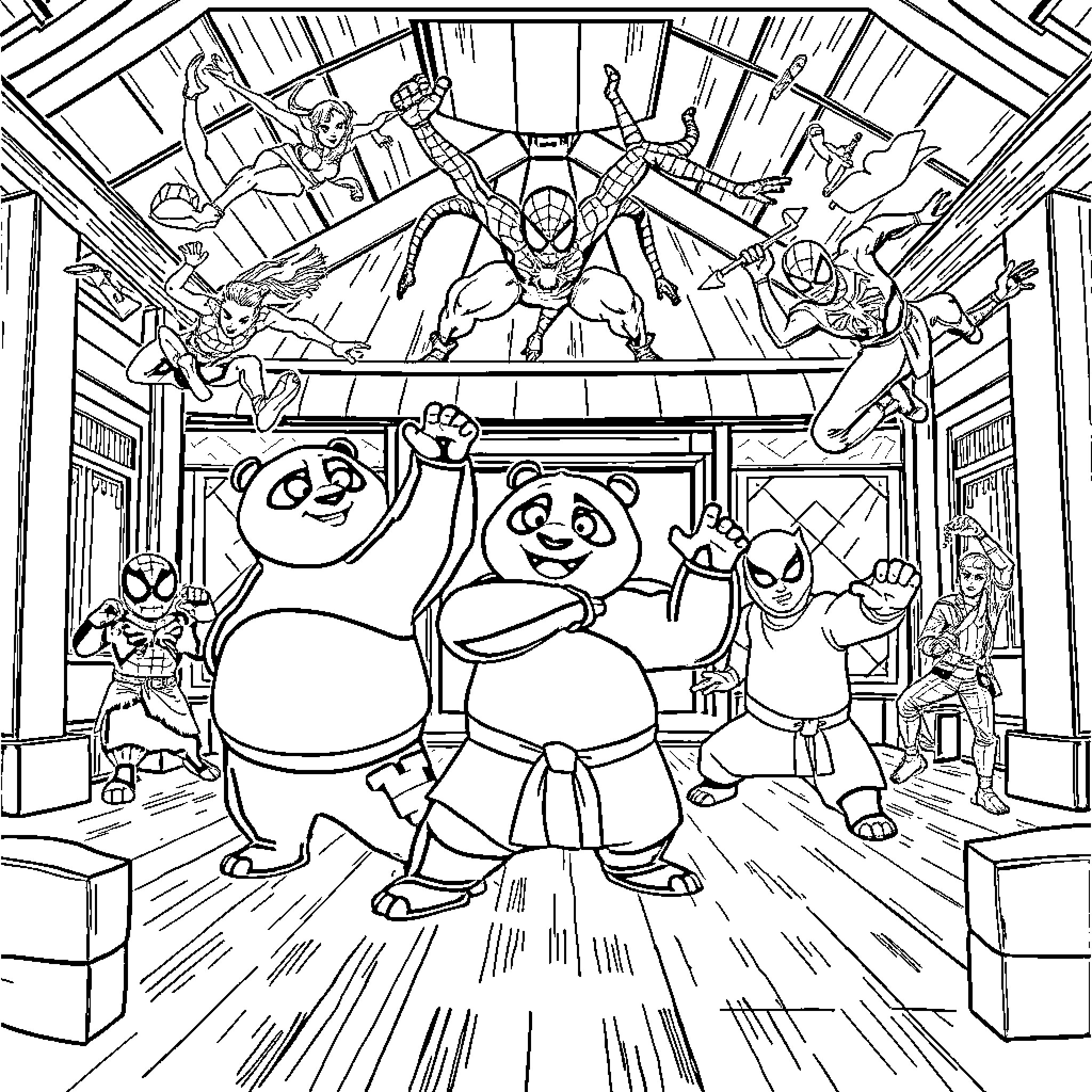 Panda characters in action-packed superhero scene Coloring Page (free black-and-white line drawing printable PDF for all, from beginners to advanced learners, including children, teens, adults, and seniors)