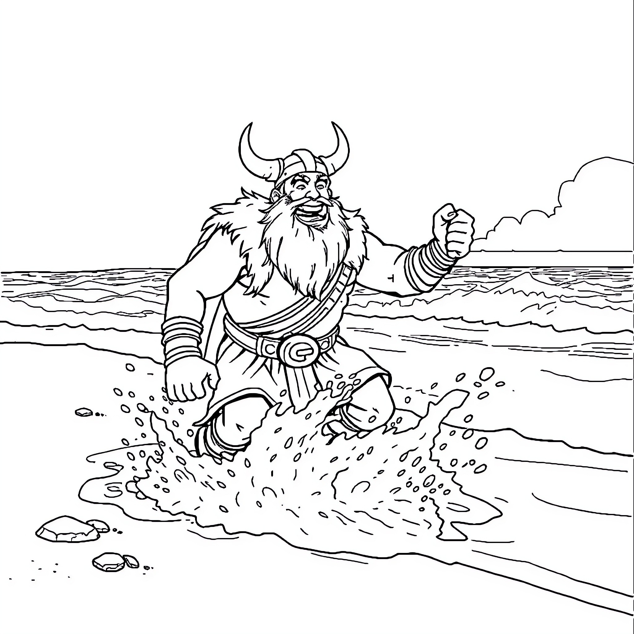 Viking warrior charging through the waves Coloring Page (free black-and-white line drawing printable PDF for all, from beginners to advanced learners, including children, teens, adults, and seniors)