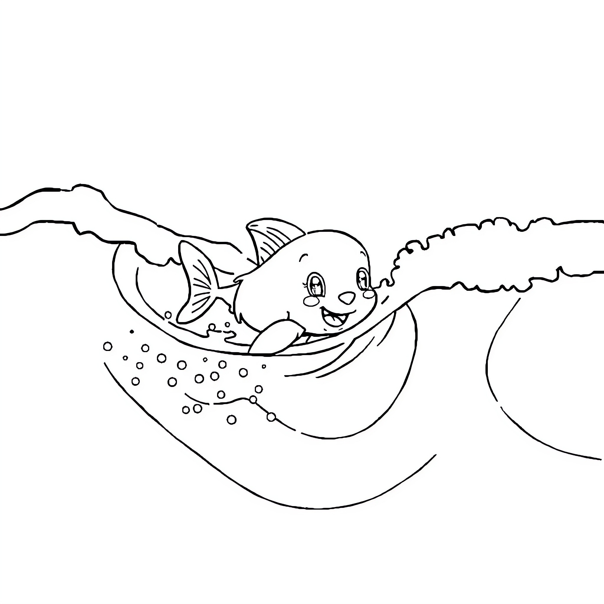 Bluey playing joyfully in the ocean waves Coloring Page (free black-and-white line drawing printable PDF for all, from beginners to advanced learners, including children, teens, adults, and seniors)