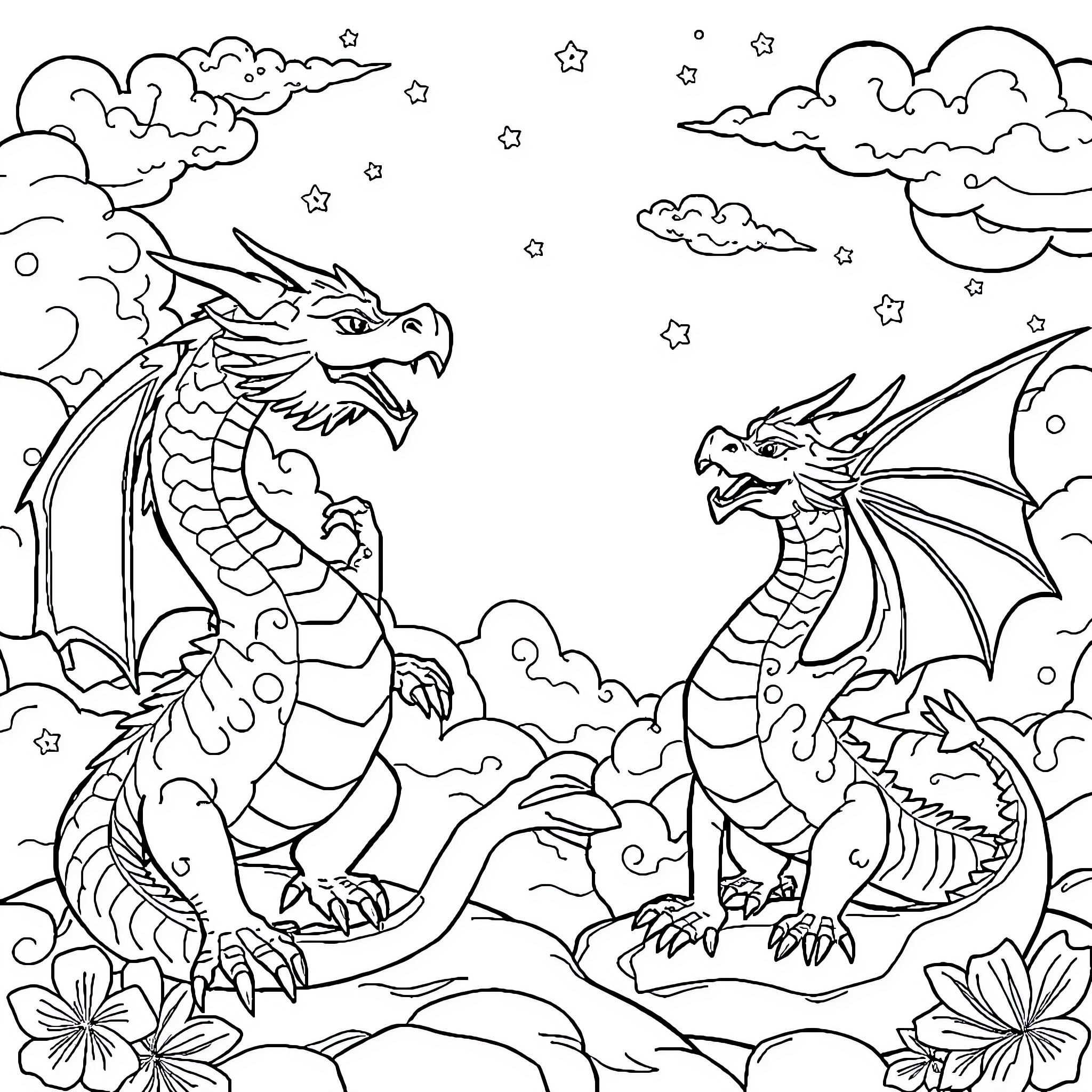 Dragon pair in a magical night sky Coloring Page (free black-and-white line drawing printable PDF for all, from beginners to advanced learners, including children, teens, adults, and seniors)