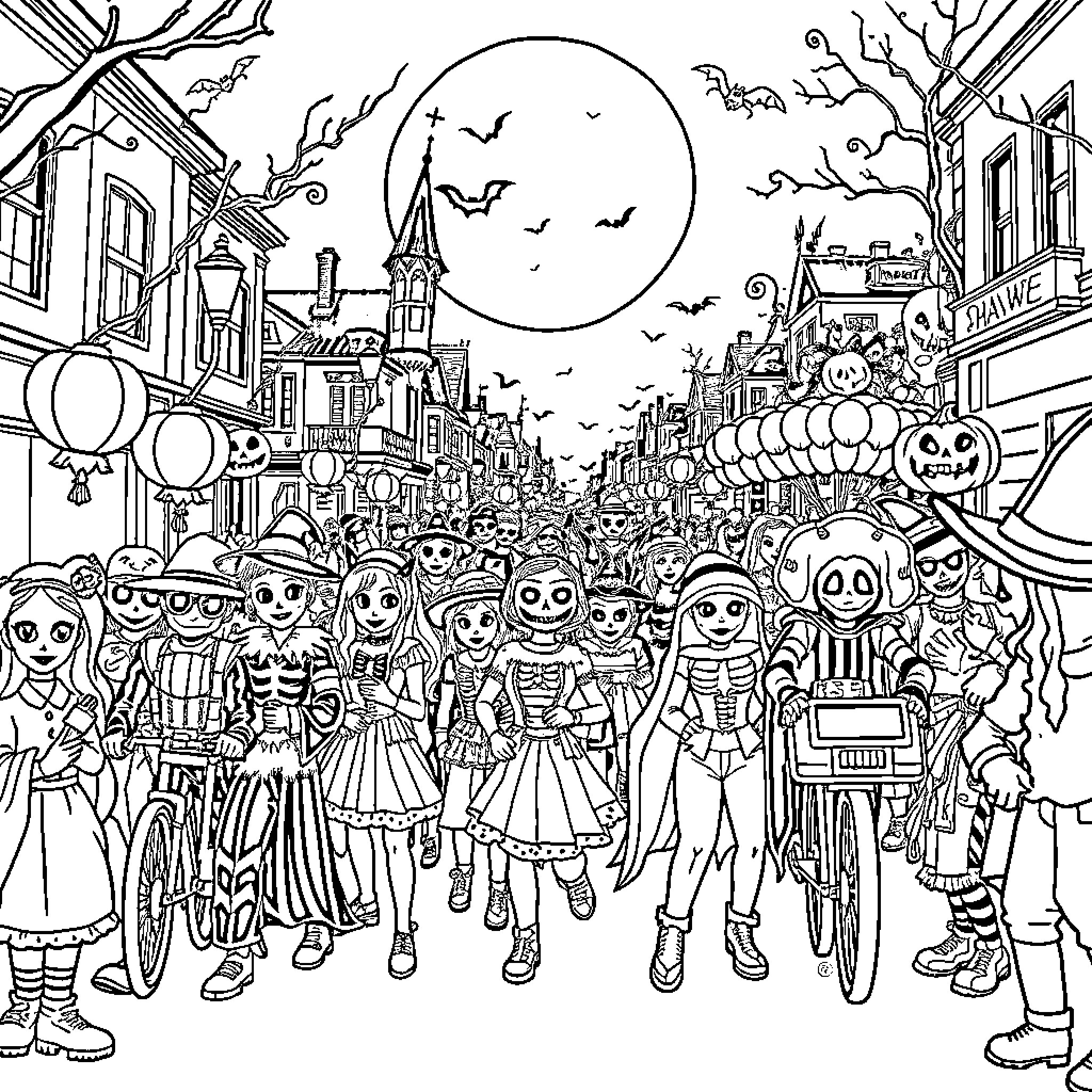 Halloween Celebration in a Vibrant Town Coloring Page (free black-and-white line drawing printable PDF for all, from beginners to advanced learners, including children, teens, adults, and seniors)