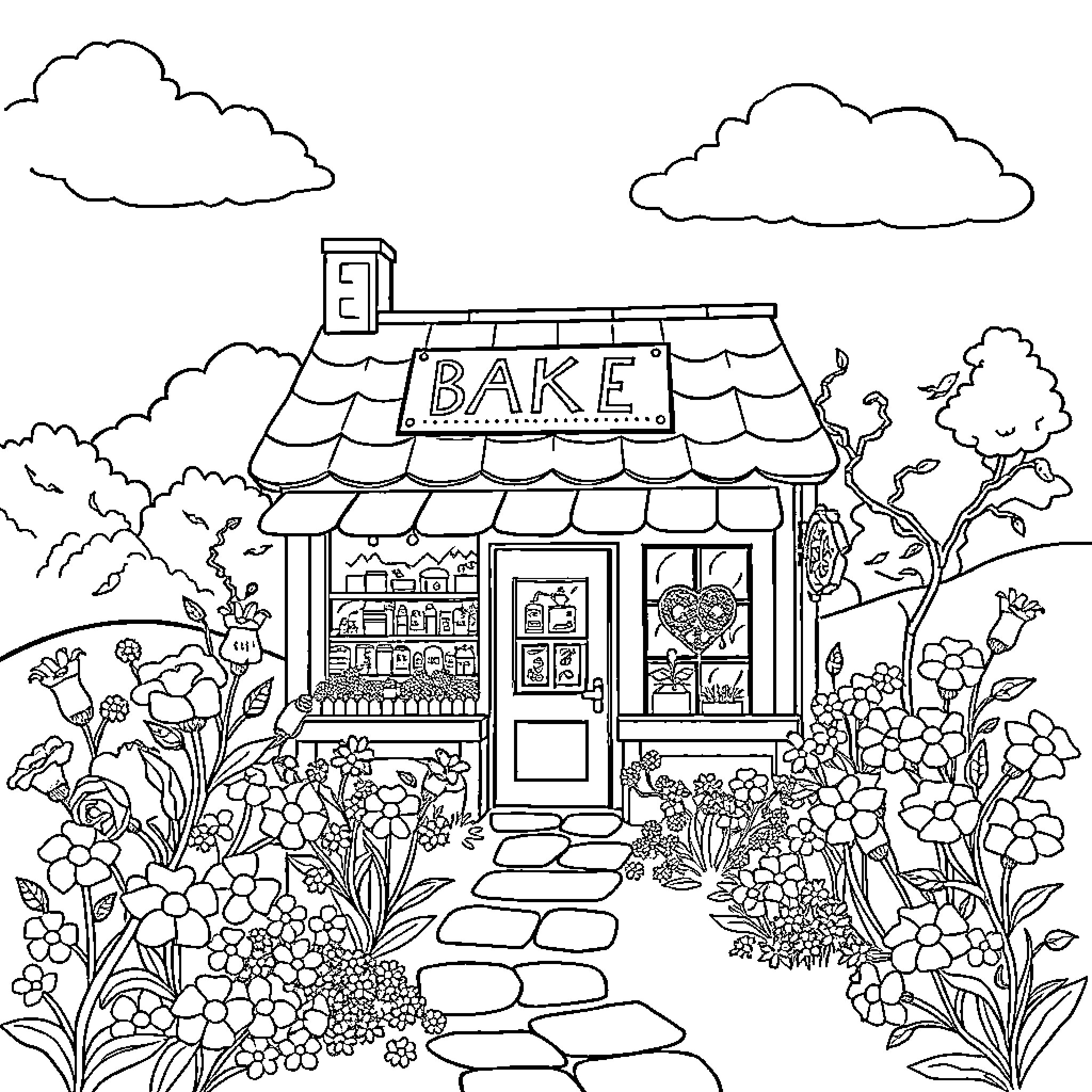 Landscape of a charming bakery surrounded by flowers Coloring Page (free black-and-white line drawing printable PDF for all, from beginners to advanced learners, including children, teens, adults, and seniors)