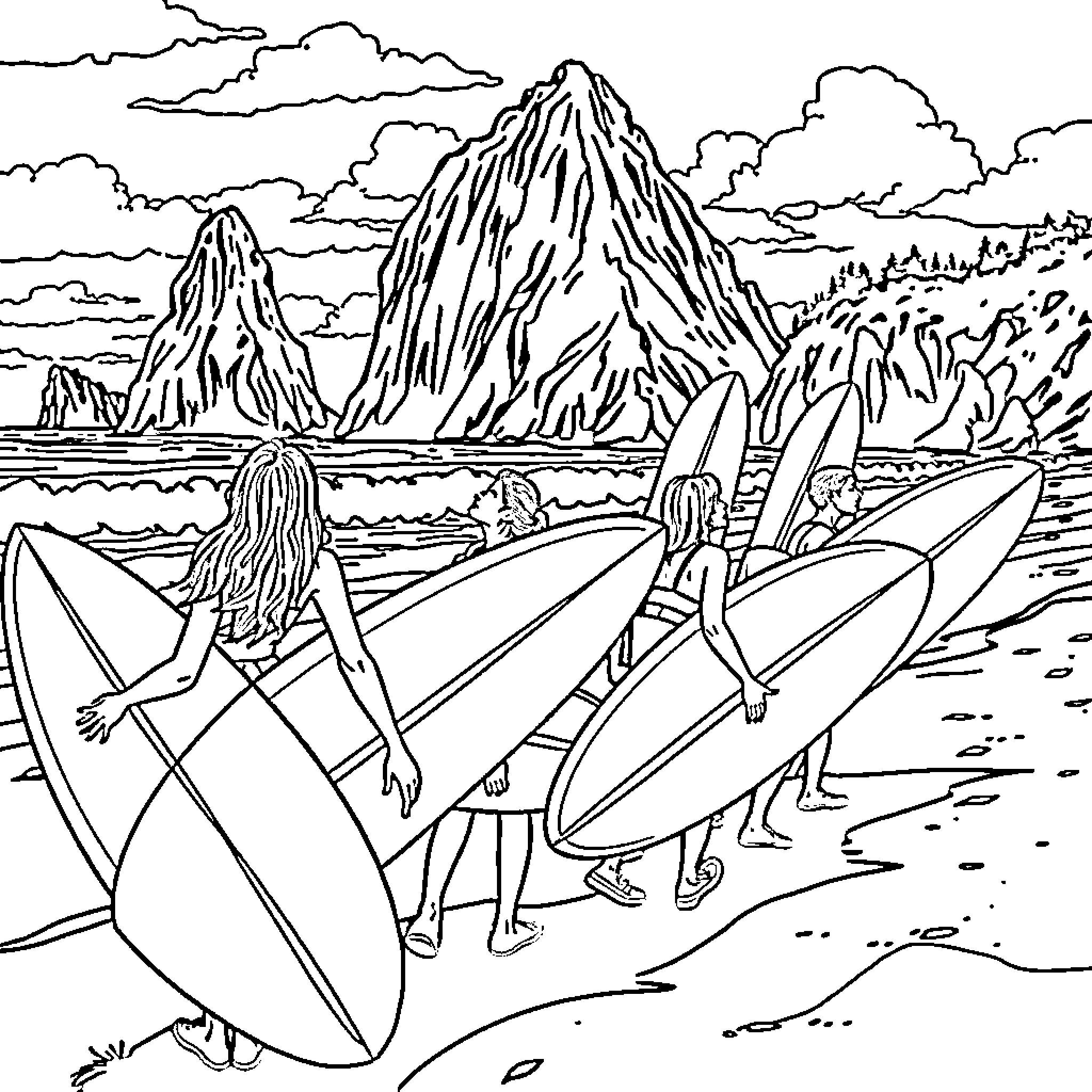 People surfing on the beach with mountains Coloring Page (free black-and-white line drawing printable PDF for all, from beginners to advanced learners, including children, teens, adults, and seniors)