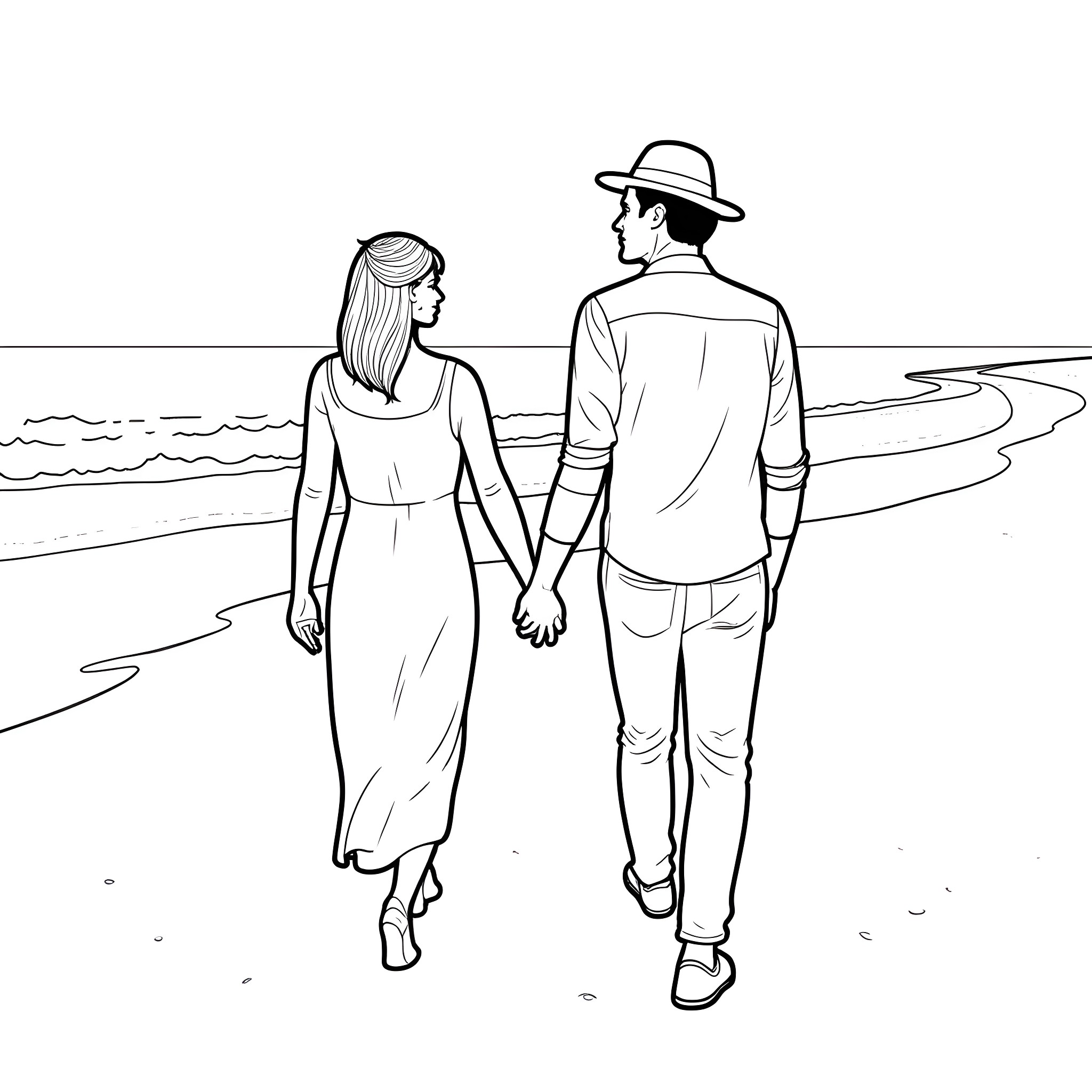 Jewish Couple Strolling on the Beach Coloring Page (free black-and-white line drawing printable PDF for all, from beginners to advanced learners, including children, teens, adults, and seniors)