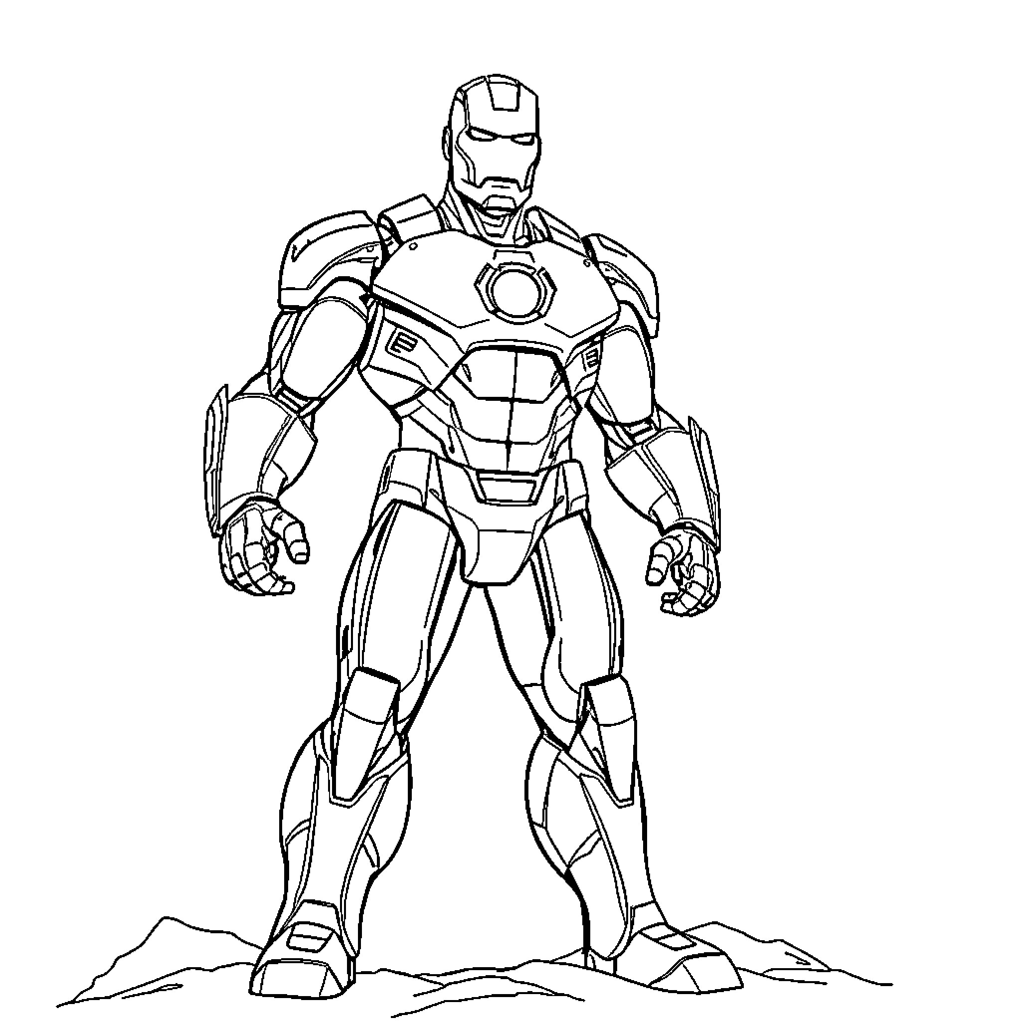 Irn Man Stands Tall and Ready for Action Coloring Page (free black-and-white line drawing printable PDF for all, from beginners to advanced learners, including children, teens, adults, and seniors)