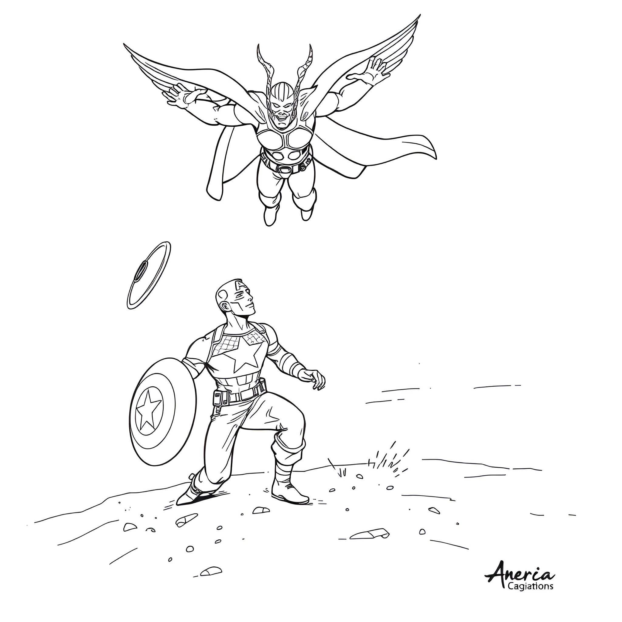 Captain America Heroic Poses and Actions Coloring Page (free black-and-white line drawing printable PDF for all, from beginners to advanced learners, including children, teens, adults, and seniors)