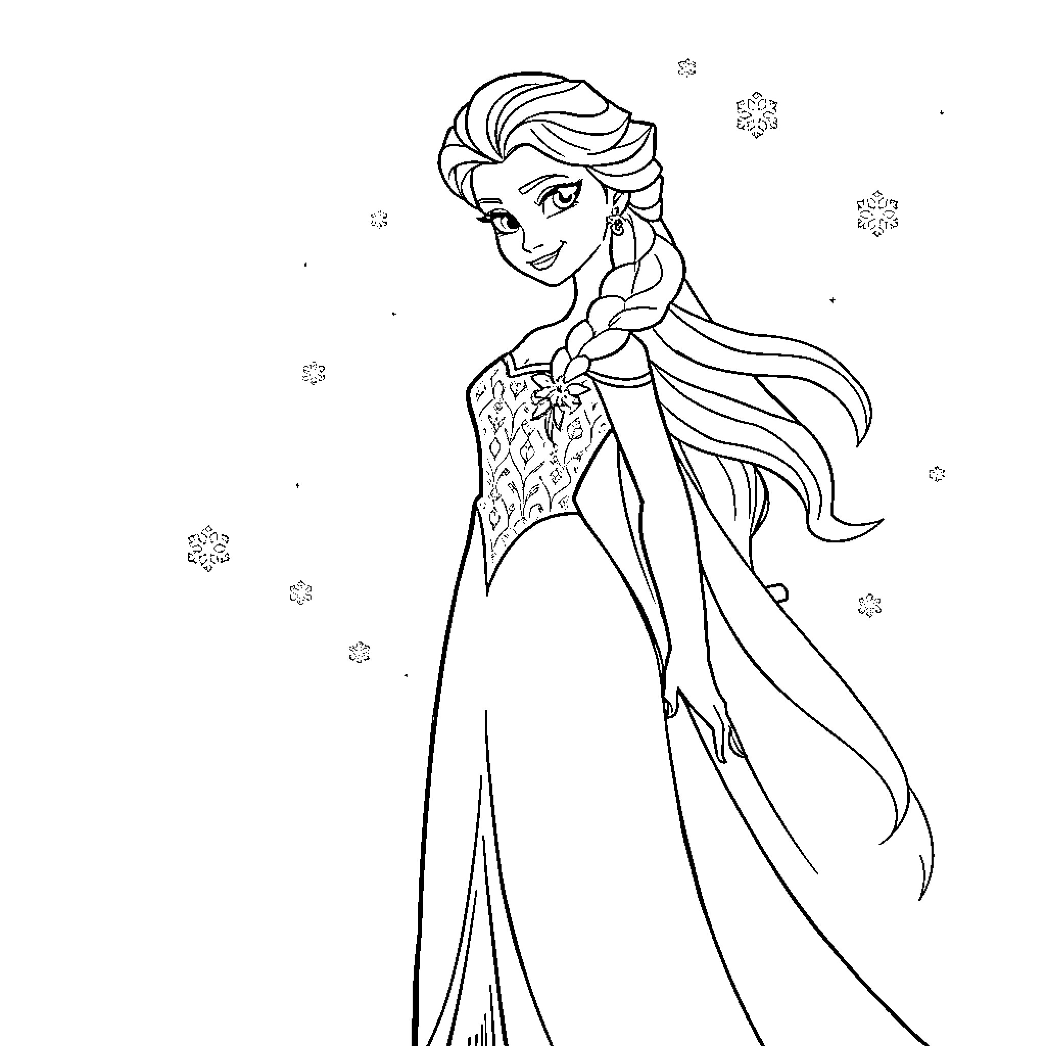 Elsa in a Sparkling Gown Amid Falling Snowflakes Coloring Page (free black-and-white line drawing printable PDF for all, from beginners to advanced learners, including children, teens, adults, and seniors)