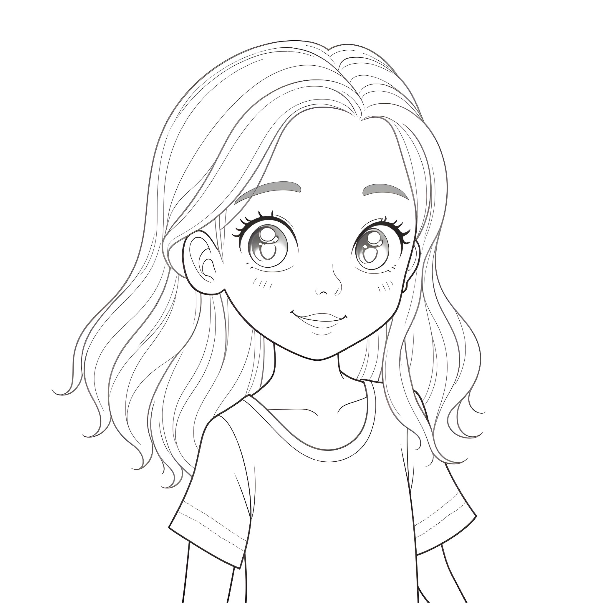 Girl with long, wavy hair enjoying a smile Coloring Page (free black-and-white line drawing printable PDF for all, from beginners to advanced learners, including children, teens, adults, and seniors)