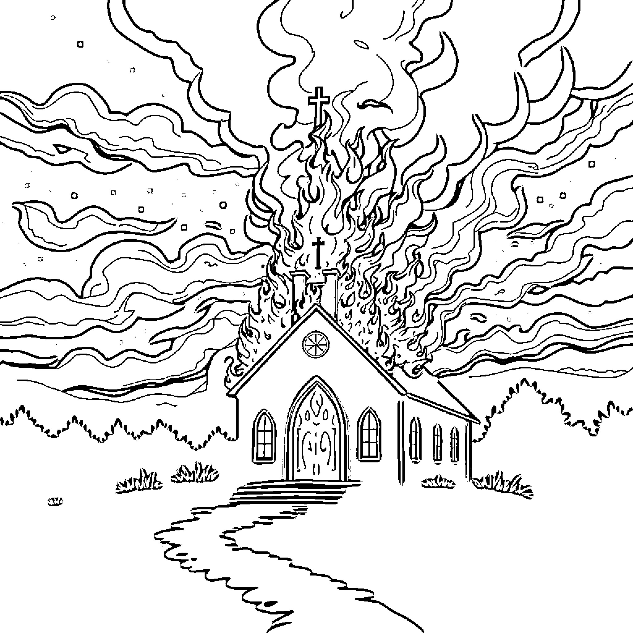 Church engulfed in flames against stormy sky Coloring Page (free black-and-white line drawing printable PDF for all, from beginners to advanced learners, including children, teens, adults, and seniors)