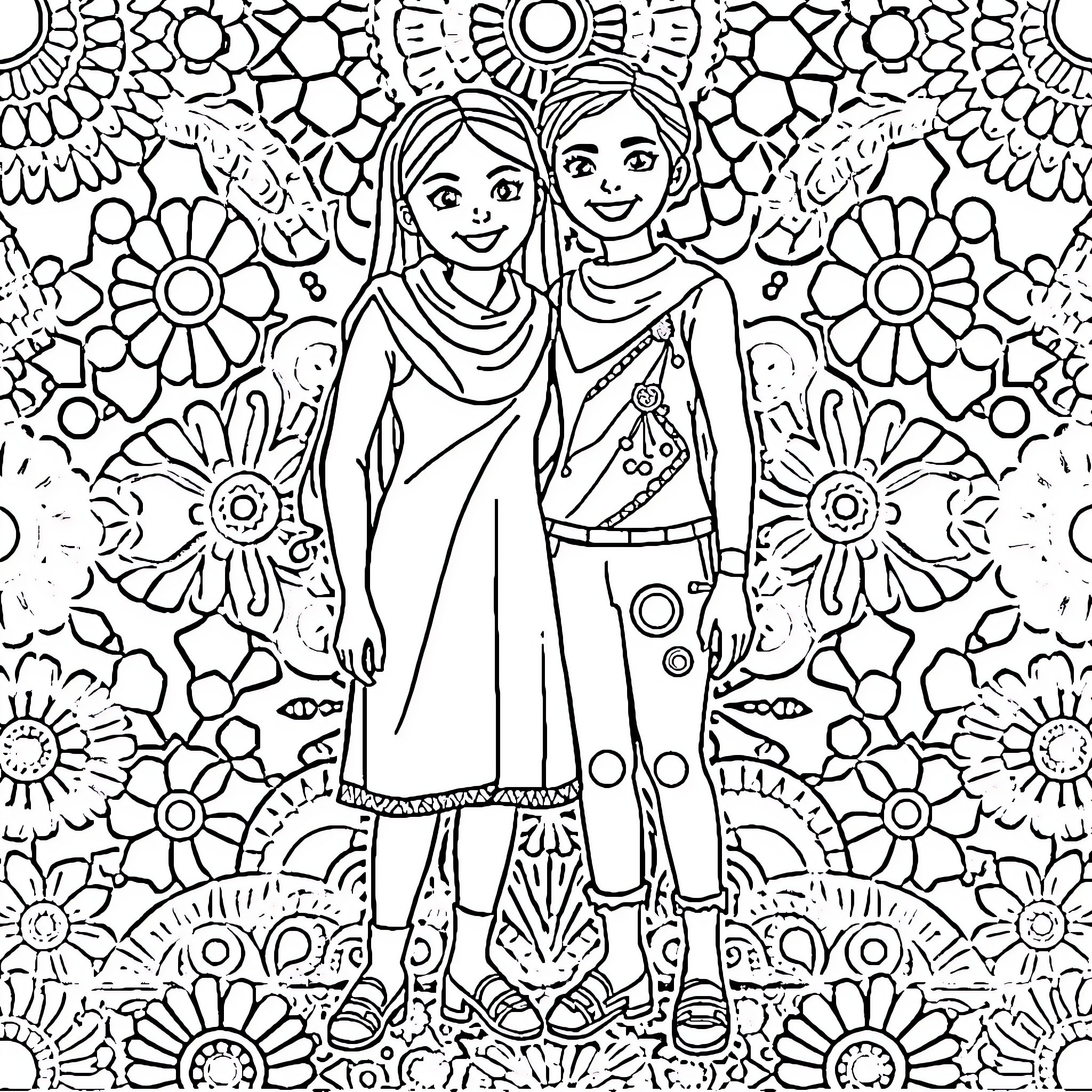 Faria: Two Friends in a Floral Wonderland Coloring Page (free black-and-white line drawing printable PDF for all, from beginners to advanced learners, including children, teens, adults, and seniors)