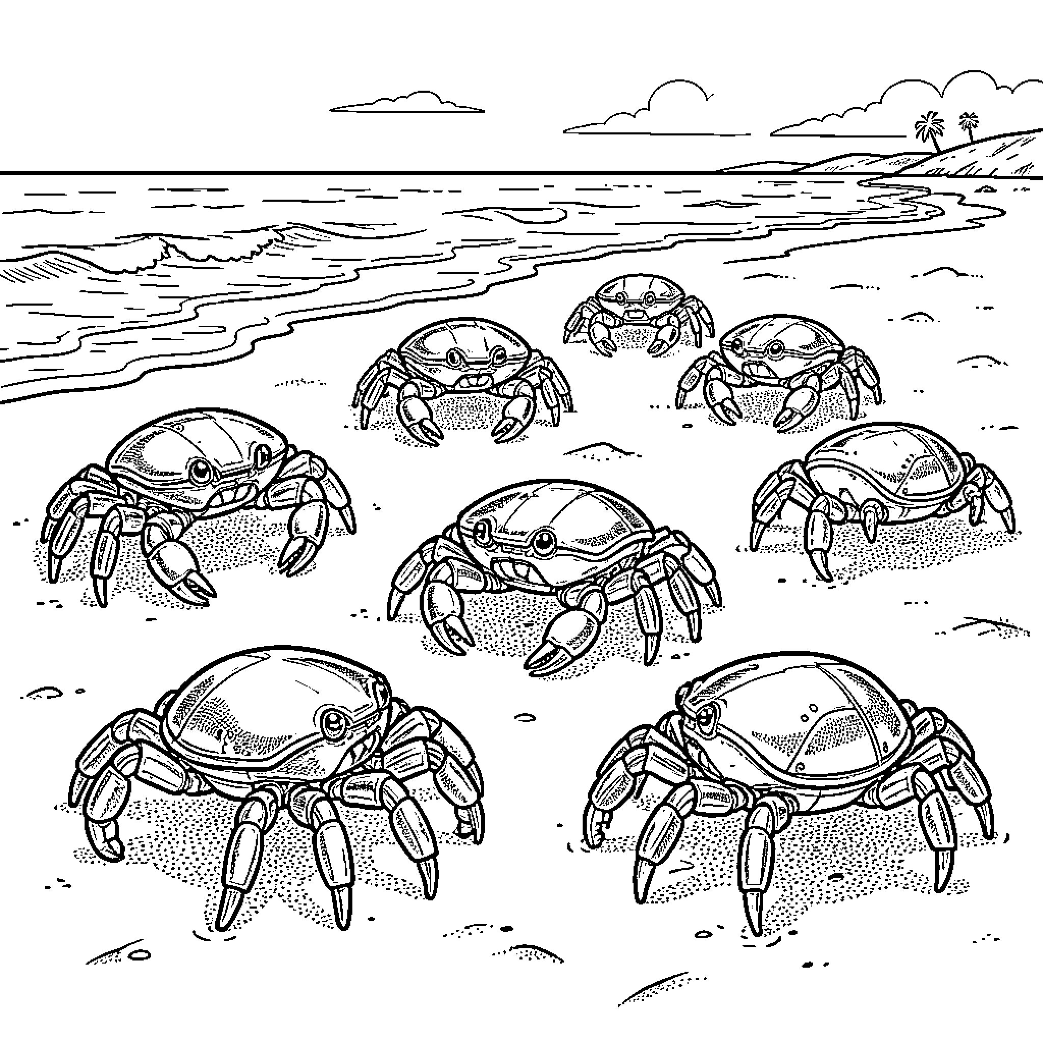 Crabs scurrying on the sandy beach Coloring Page (free black-and-white line drawing printable PDF for all, from beginners to advanced learners, including children, teens, adults, and seniors)