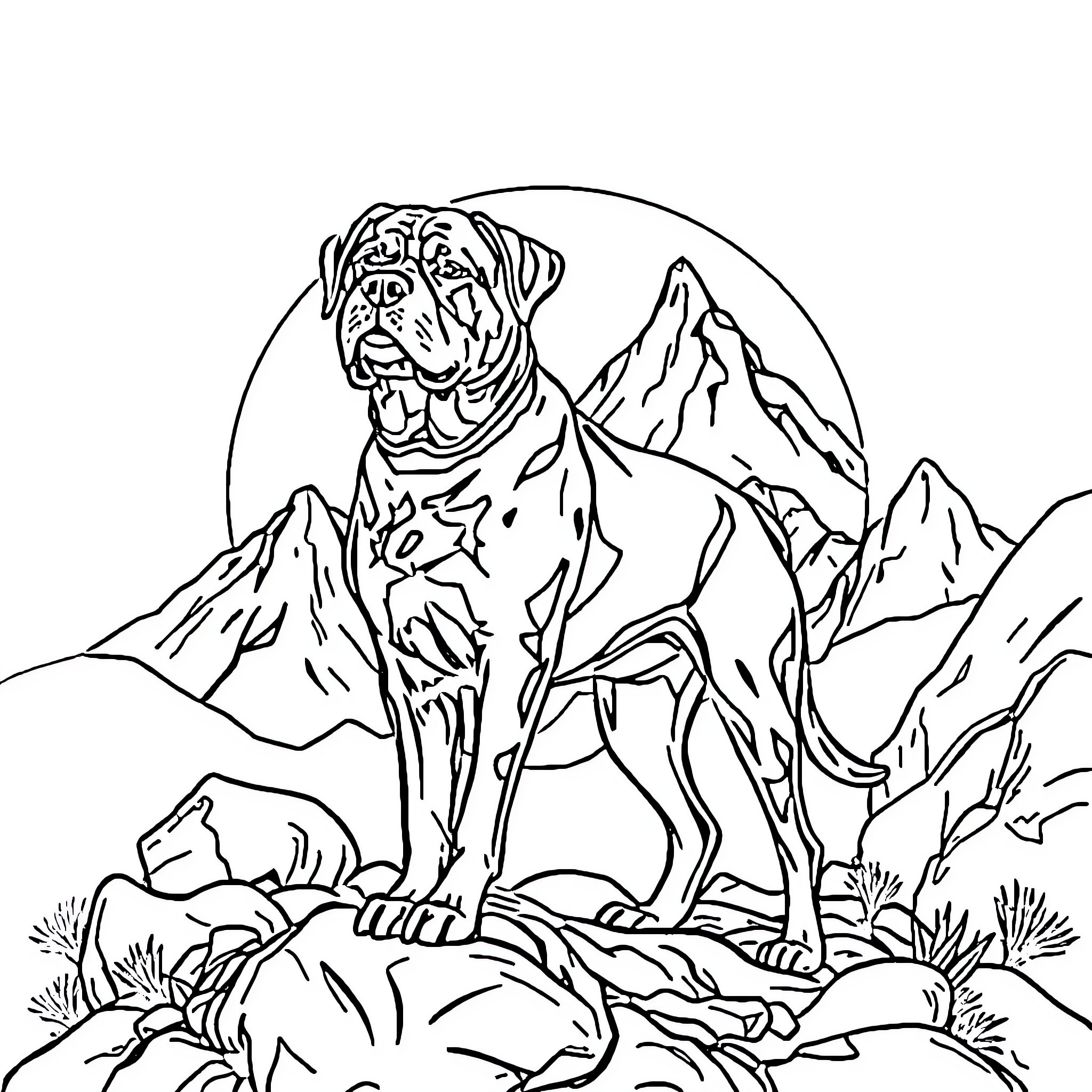 Rottweiler exploring the mountain landscape Coloring Page (free black-and-white line drawing printable PDF for all, from beginners to advanced learners, including children, teens, adults, and seniors)