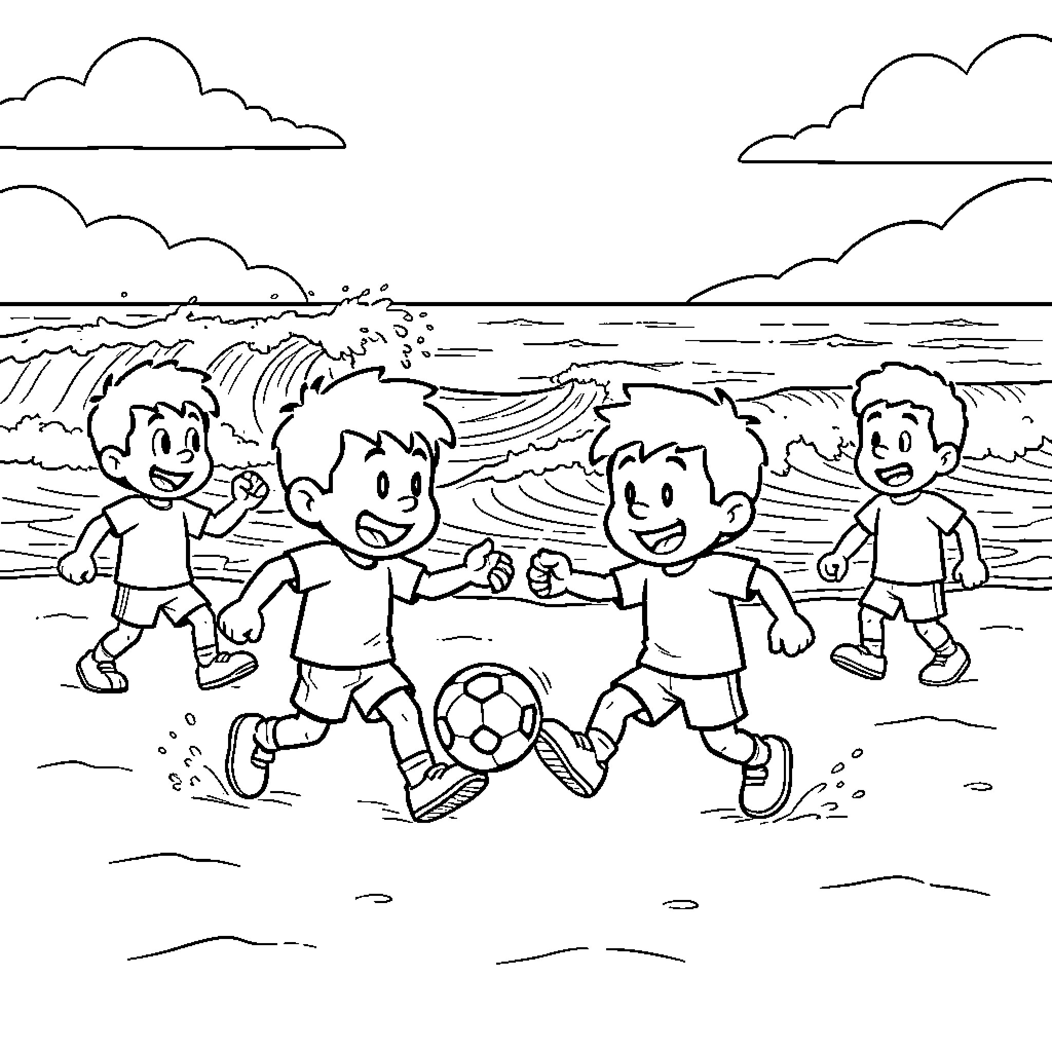 Mikey and friends playing soccer on the beach Coloring Page (free black-and-white line drawing printable PDF for all, from beginners to advanced learners, including children, teens, adults, and seniors)