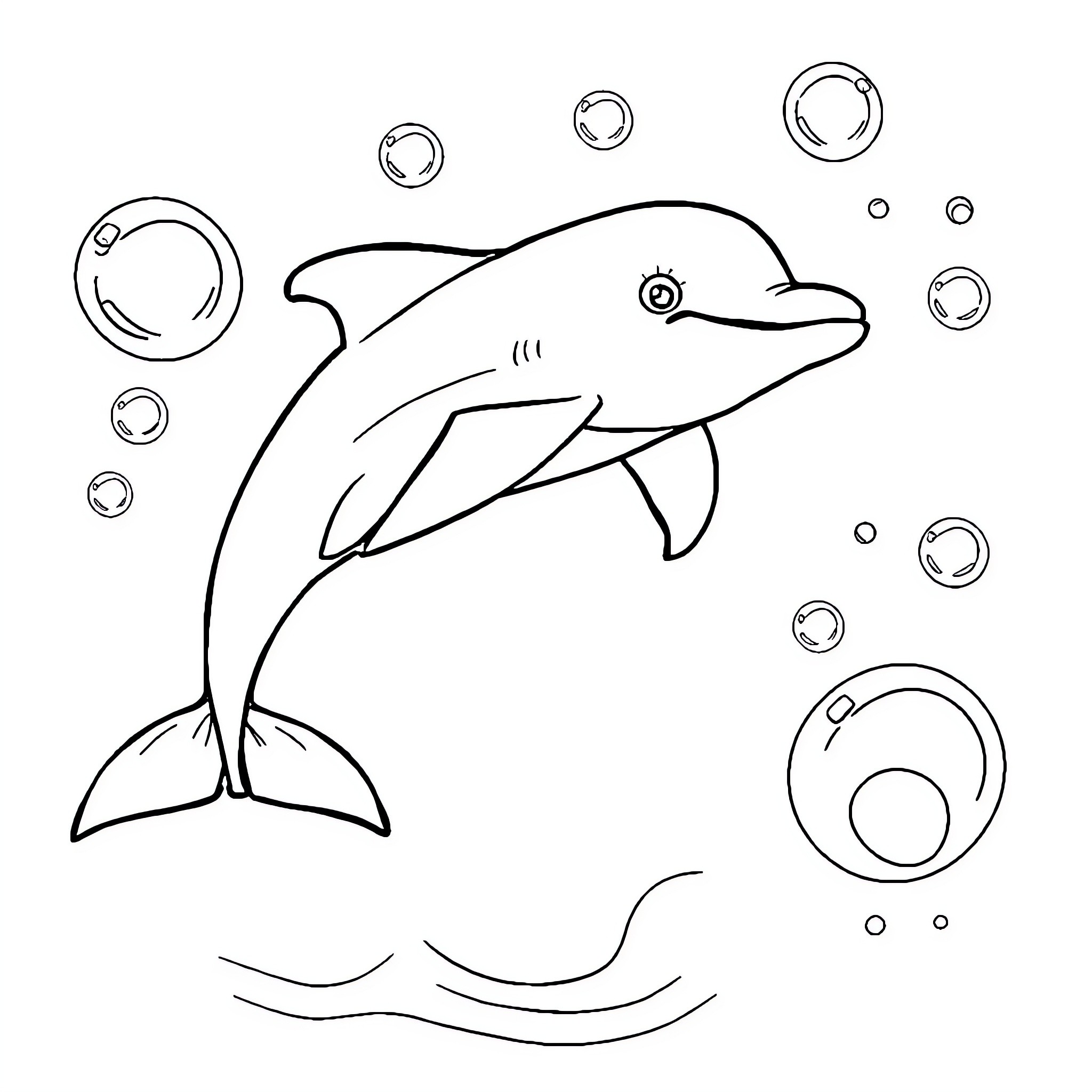 Dolphin swimming playfully in the ocean Coloring Page (free black-and-white line drawing printable PDF for all, from beginners to advanced learners, including children, teens, adults, and seniors)